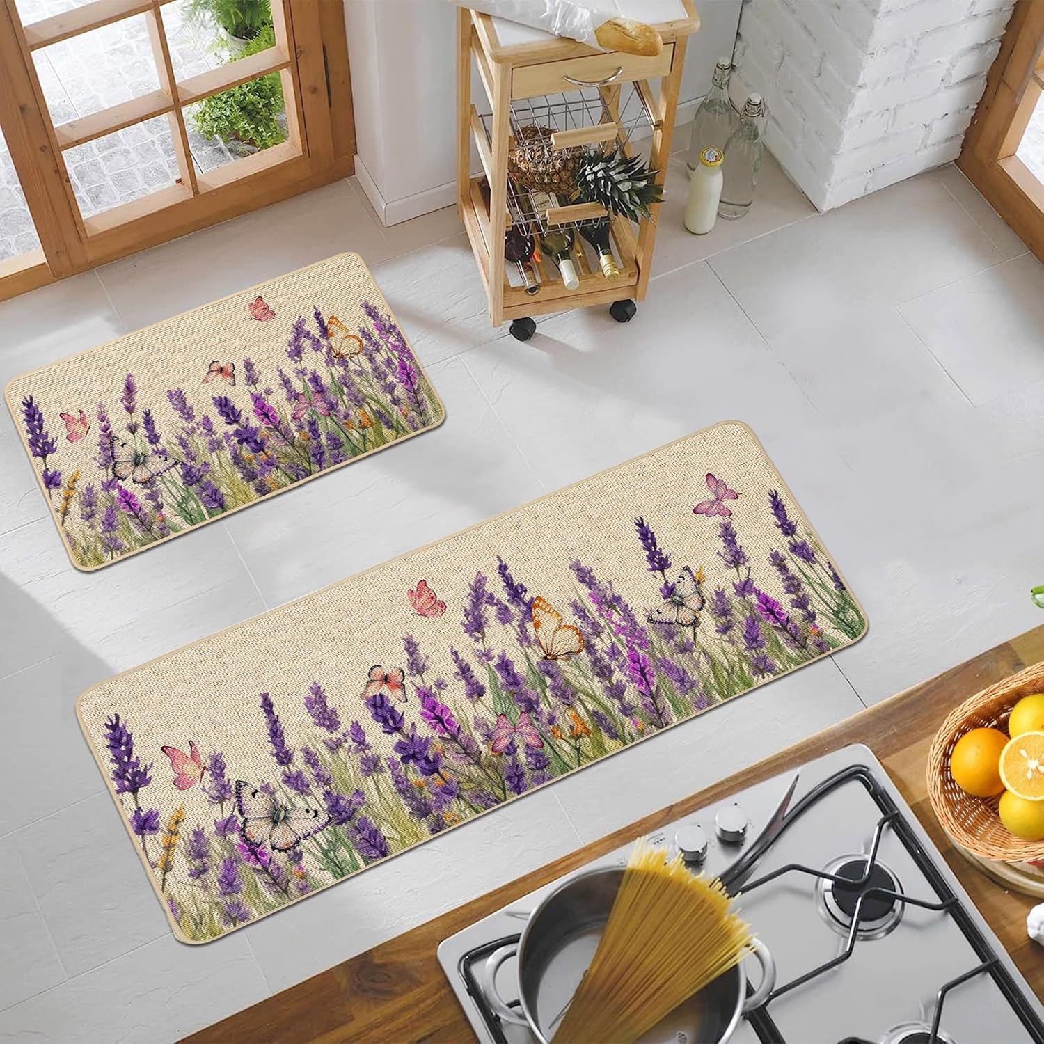 Baccessor Lavender Kitchen Mats Set of 2, Spring Summer Purple Flowers Floral Dragonflies Kitchen Rug Absorbent Non Slip Sink Floor Long Runner Mat Farmhouse Home Decoration 17x29 and 17x47 Inch