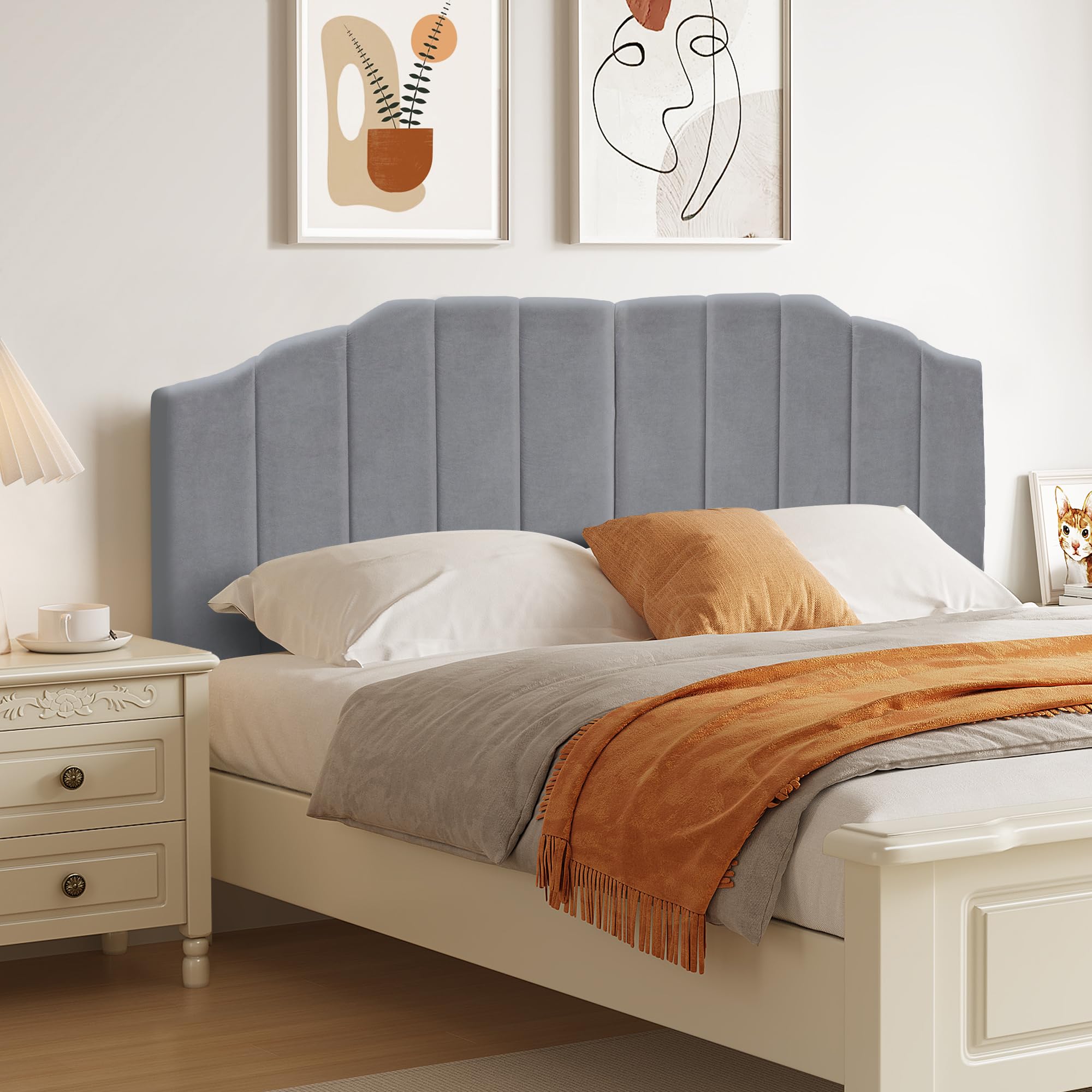 Keydo Velvet Upholstered Headboard Queen/Full Size with Sturdy and Durable Metal Leg, Adjustable Height from 38” to 44”, Modern Linear Design, Gray