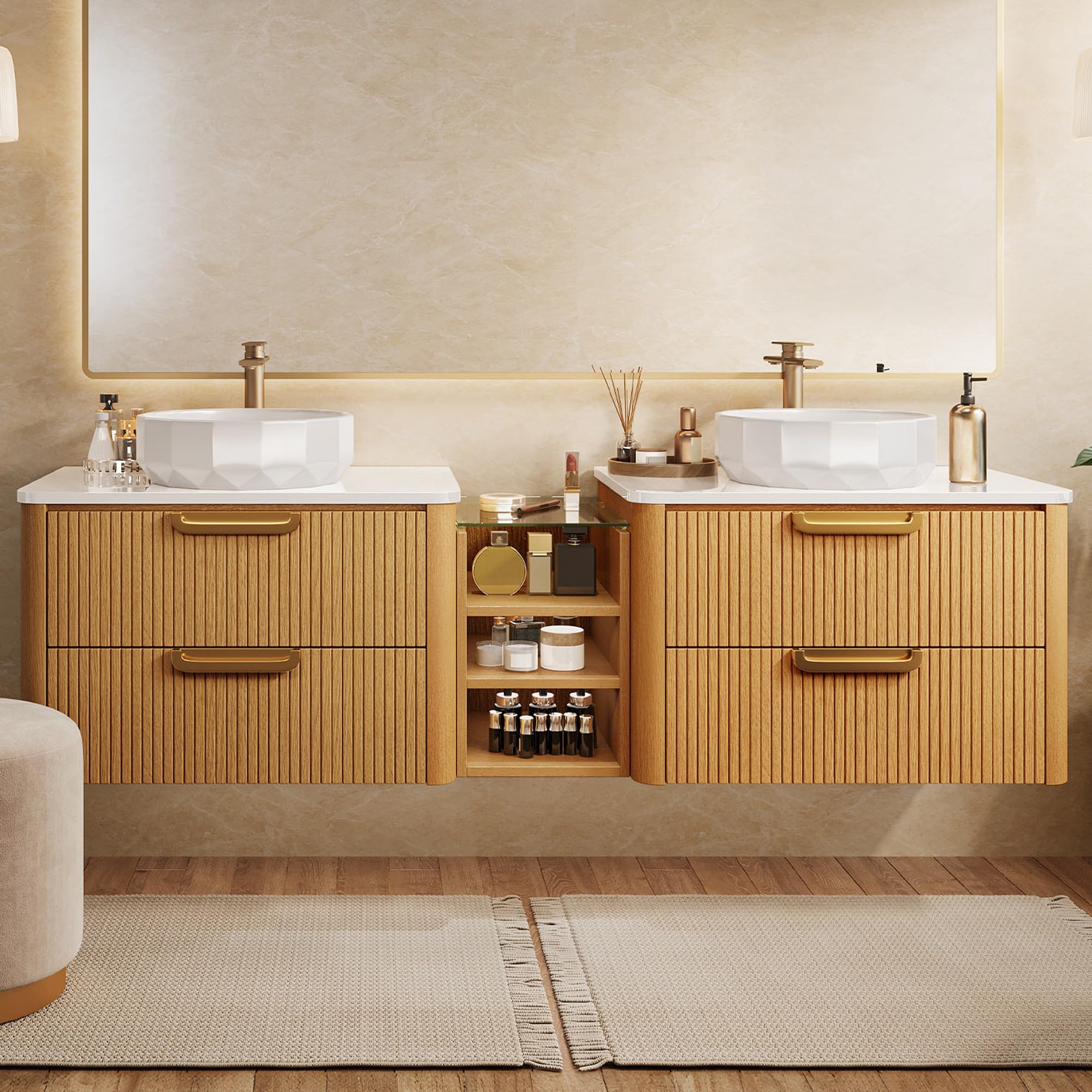 Photo 1 of ***Partial Set*** ***Only Box 2 Of 2*** YITAHOME 72 Inch Floating Bathroom Vanity with 2 Ceramic Basins, Wall-Mounted Vanity with Stone Countertop, 4 Large Storage Drawers & 4 Open Spaces
