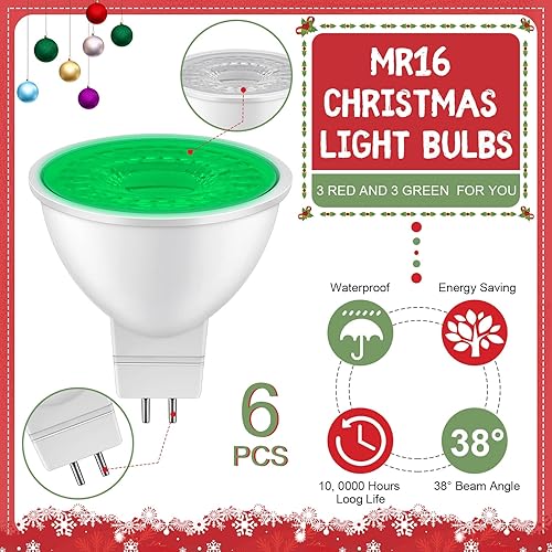 Miniatura 3 de 6 bombillas LED MR16 de Navidad de 12 V 6 W para decoración de fiestas de Navidad, decoración de paisajes al aire libre, fiesta (rojo, verde)