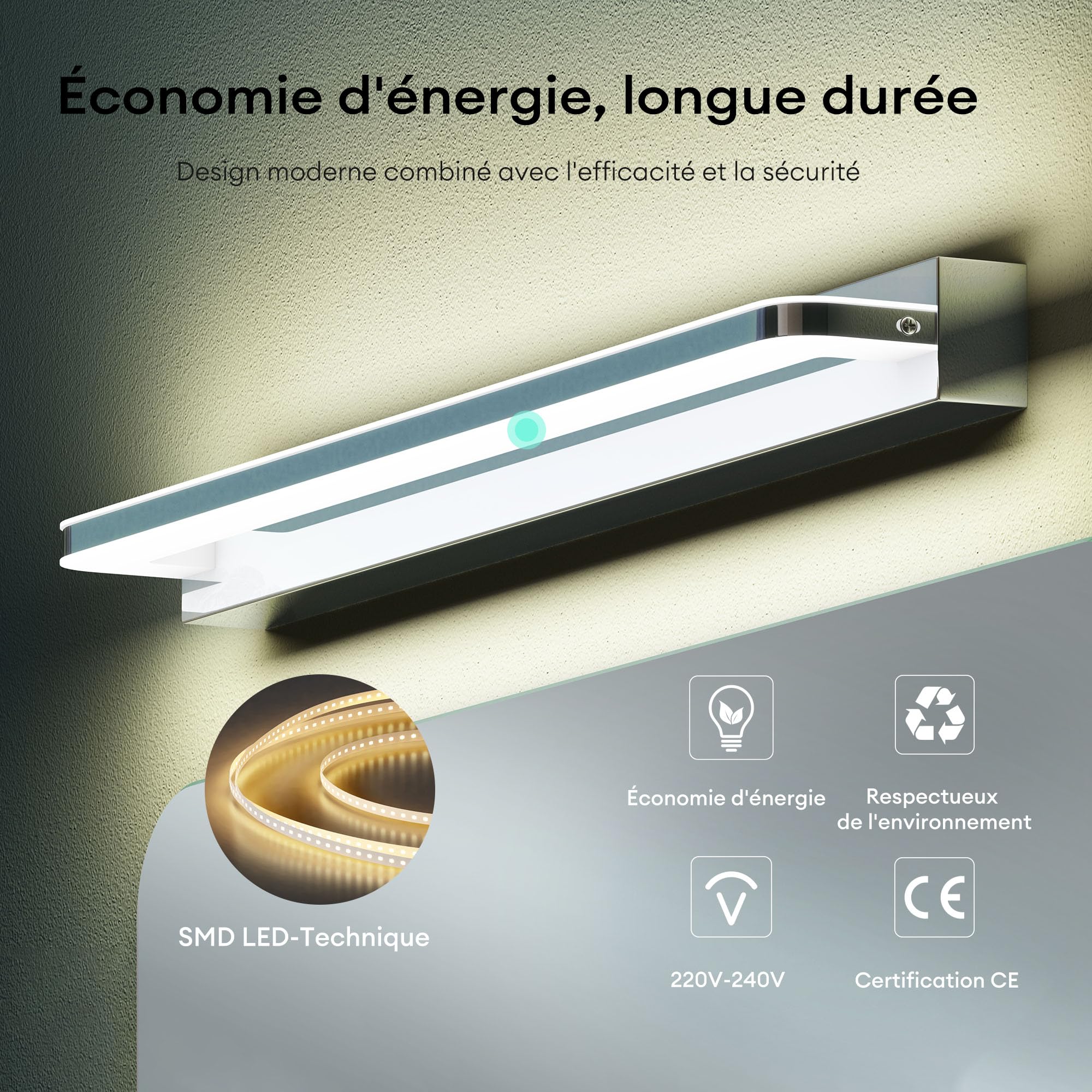 Mai & Mai Lampe Miroir LED 4000K pour Salle de Bain Murale Lumiere Intérieur 60cm Chrome Desgin SparkLuxe