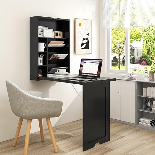 Miniatura 2 de Escritorio plegable para montar en la pared, mesa plegable con estantes de almacenamiento, mesa flotante convertible de madera para espacios
