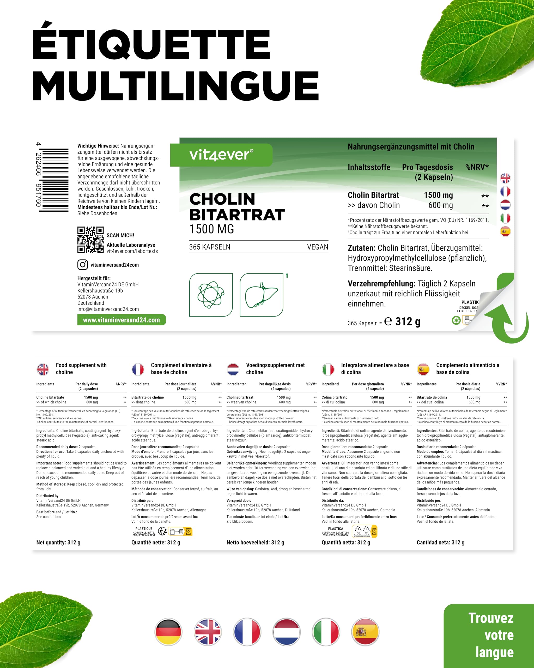 Gélules de Choline – 365 Gélules avec 1500 mg de Bitartrate de Choline par Dose Quotidienne – plus de 6 Mois de Réserve – Foie, Homocystéine & Métabolisme des Graisses – Naturel, Fortement Dosé, Véga