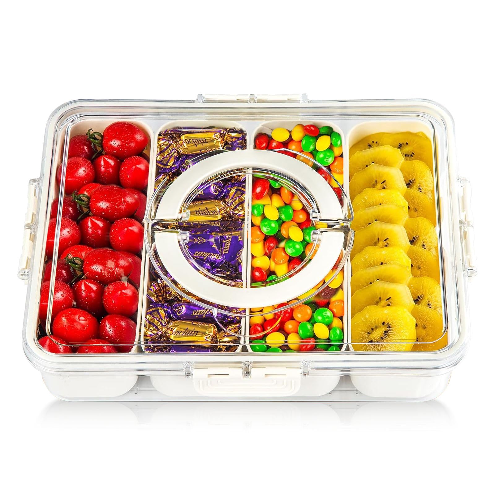 Maridergo Fridge Food Storage Containers with Lid Handle, Divided Snack Box Serving Tray Airtight Food Containers with 4 Removable Compartment Box for Salad,Vegetables, Fruit, Snacks