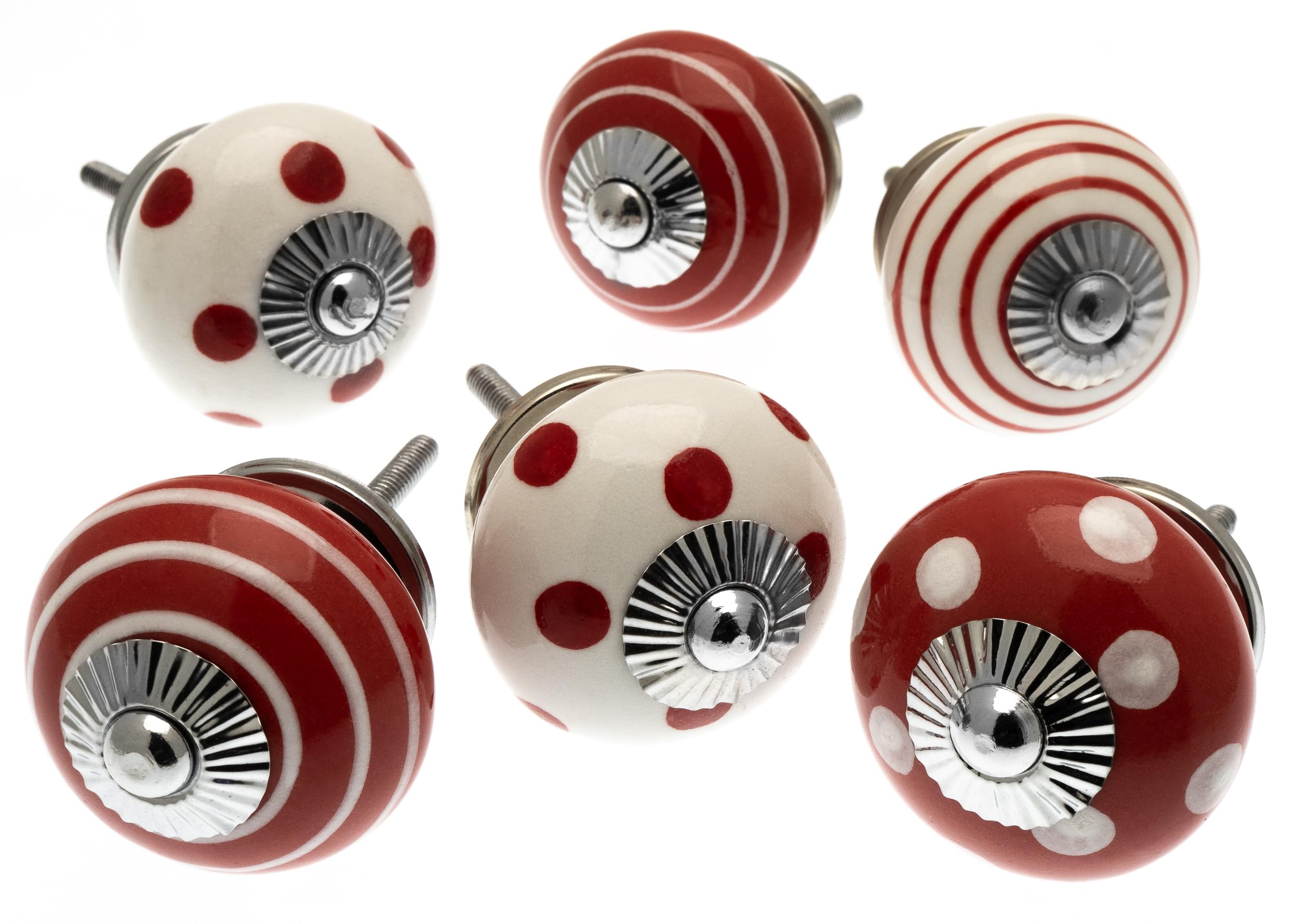 Mango Tree Red Cupboard Knobs - Decorative And White With Dots, Spots And Stripes Ceramic Door And Drawer Handles – Vintage Home Décor Set Of 6