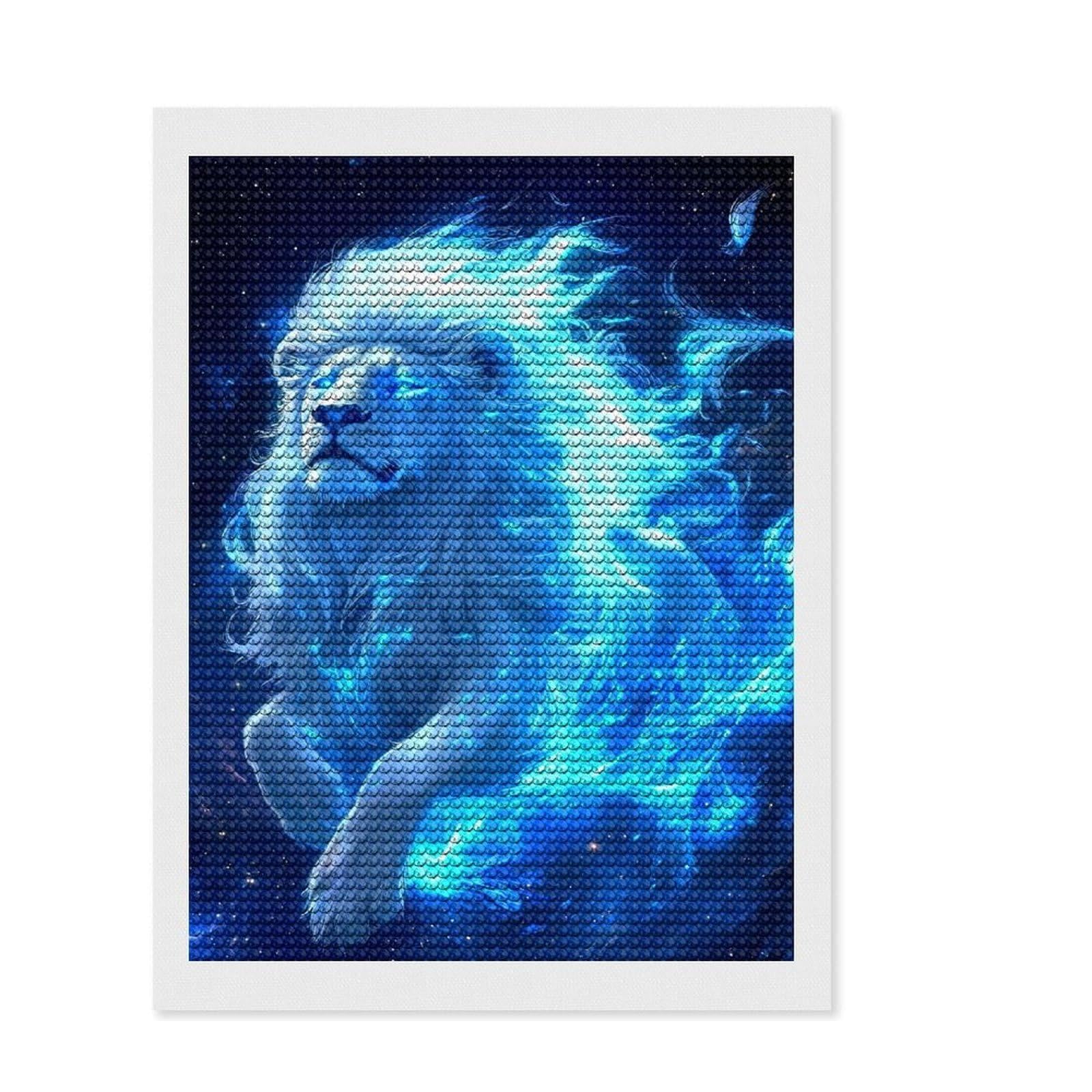 Junmoney Fiery White Lion Full Drill Diamond Painting Kit 12"x16", Boho Decor, Aesthetic Room Decor, Bedroom Decor, Fun Craft Activity