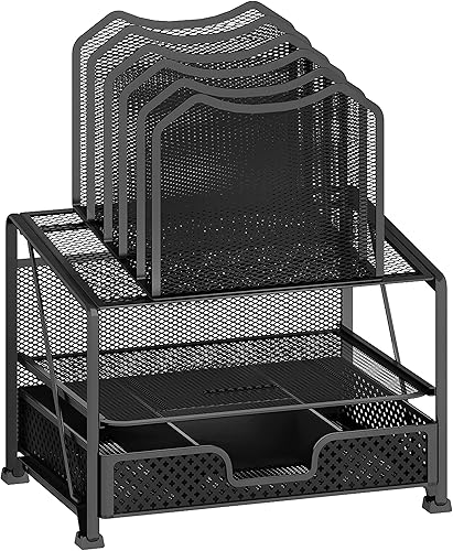 Simple Trending Organizador de escritorio de malla con cajón deslizante, bandeja doble con estantería de archivos de 5 secciones, color negro