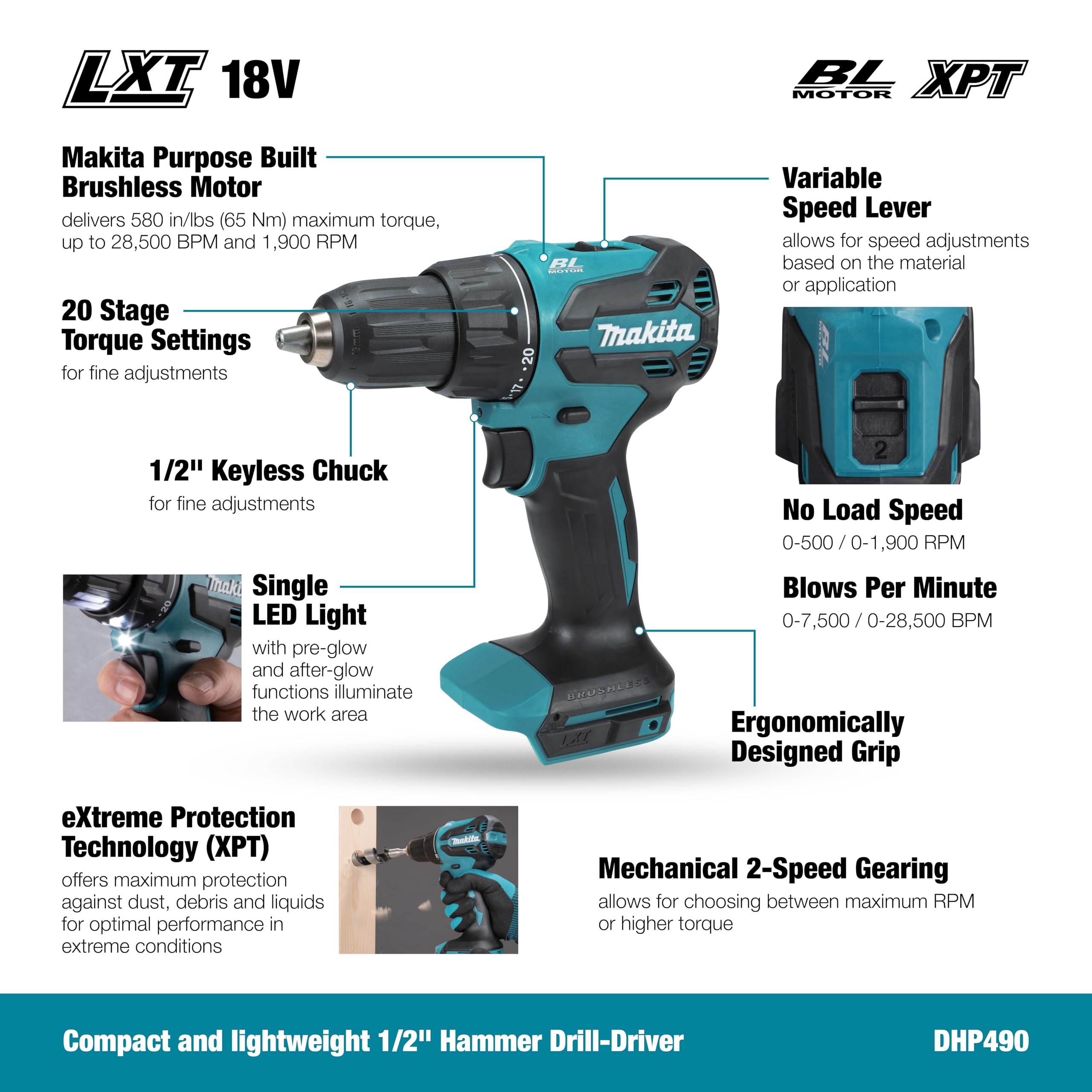 Makita DHP490Z 18V Li-ion LXT Furadeira combinada sem escova