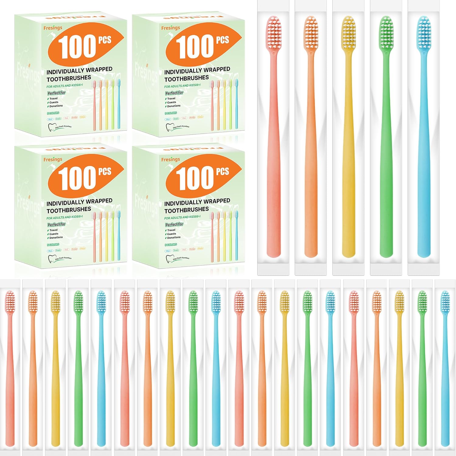 400 Pack Disposable Toothbrushes Bulk – Individually Wrapped Soft Bristles Single Use for Adults & Kids, Travel Hotel Guest Dental Office Donation Emergency Hygiene,Minimalist Design 5 Colors