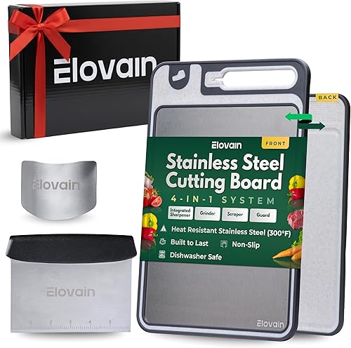 Elovain - Juego de tabla de cortar de cocina de 3 piezas de acero inoxidable - Tabla de cortar de acero inoxidable de doble cara con afilador,