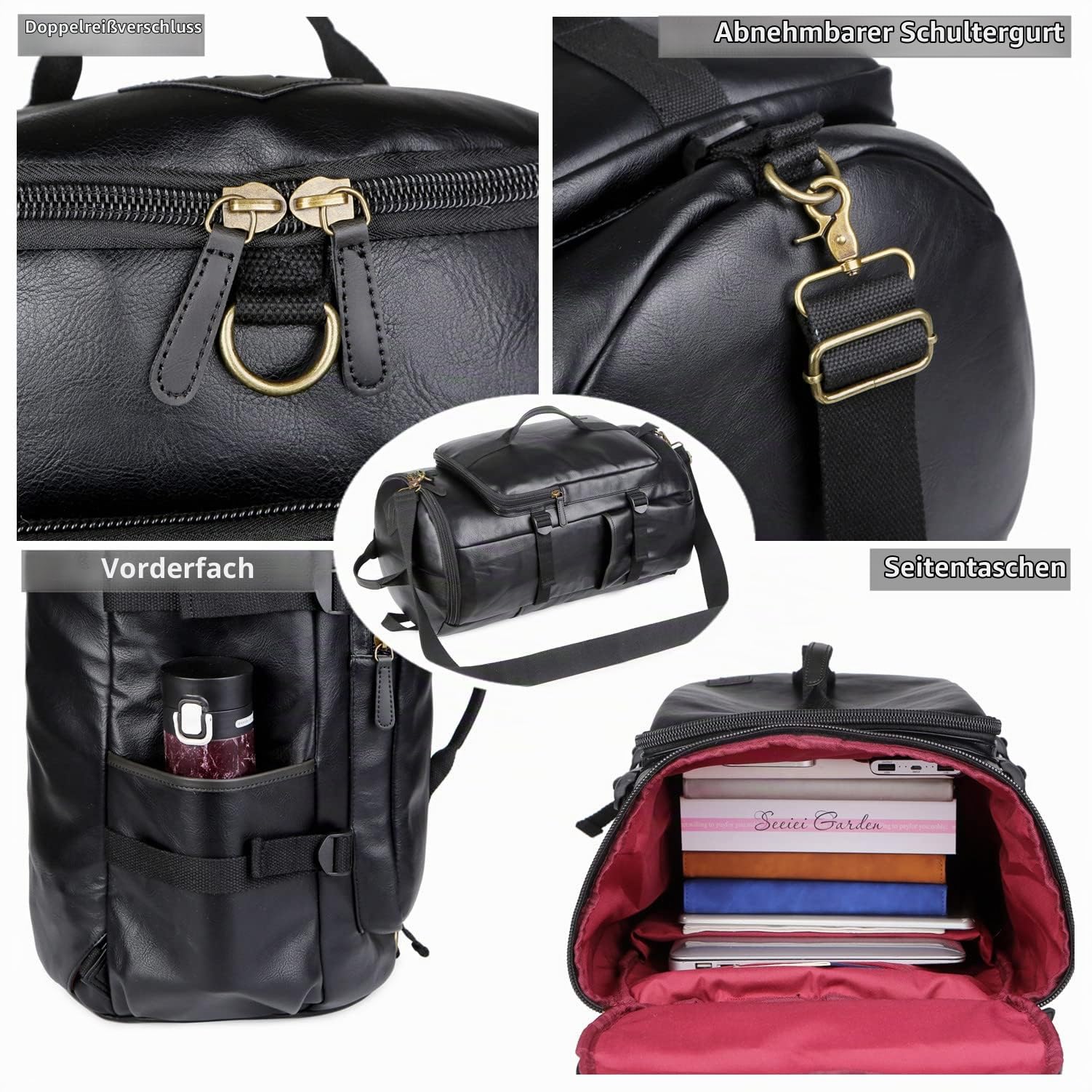 Baosha HB-26 3-Ways Herren Rucksäcke Handgepäck Schultertasche Convertible PU Leder Reisetasche Wanderrucksäcke Sporttasche Travel Duffel Bag Weekender Tasche (Schwarz)