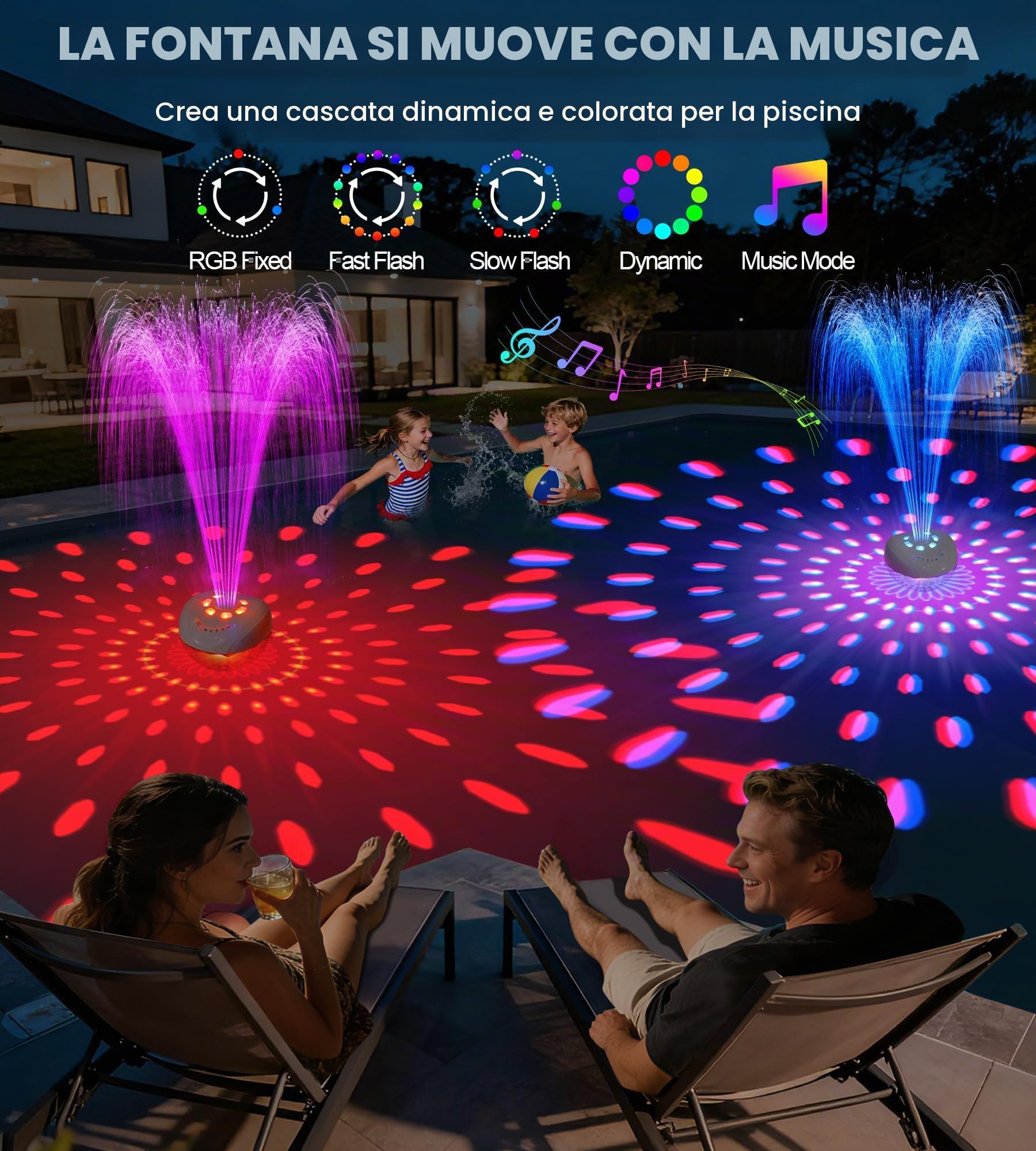 Luxfero 3 in 1 Altoparlante per Piscina con Fontana & Luminosa,Altoparlante Bluetooth Piscina,Cassa Bluetooth Impermeabile IP68,BT5.4,Suono Stereo Altoparlante Bluetooth Potente,Fontana per Piscina