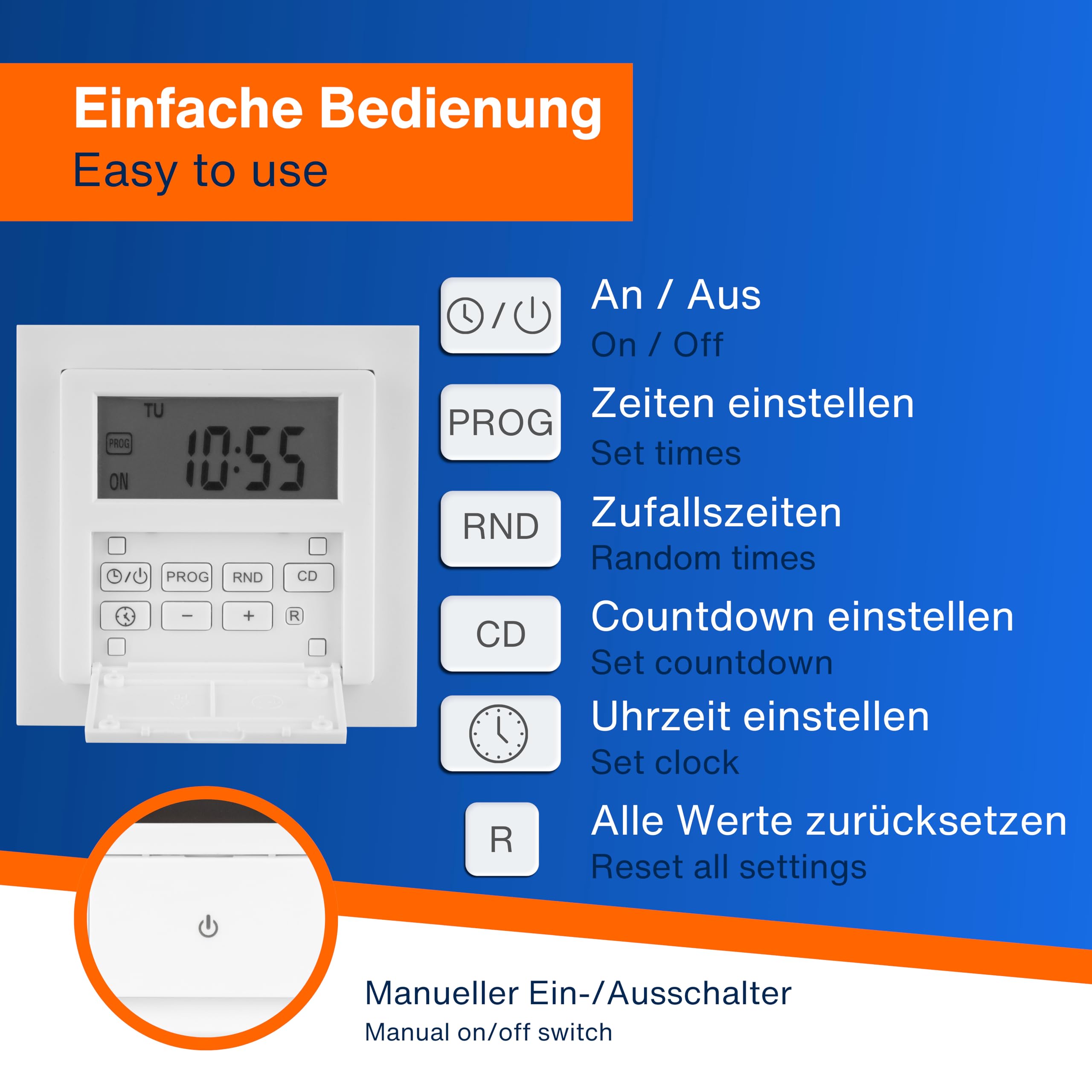 REV Zeitschaltuhr digital - Unterputz Wochenzeitschaltuhr für den Innenbereich mit Aus-/Wechselschalter, weiß