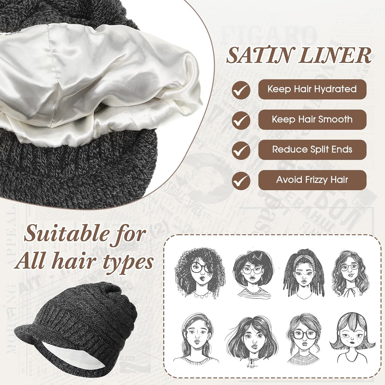 6 Pcs Winter Beanie Hat Gloves Set Satin Beanie Hat with Brim Visor Lined Winter Touch Screen Gloves for Men Women - Image 4