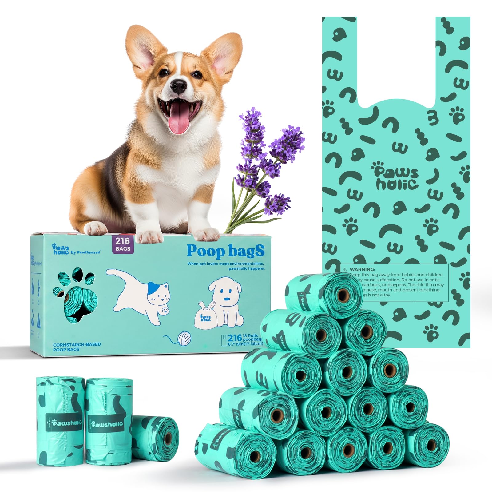 Dog Poo Bags with Tie Handles, 18 Refill Rolls 216 Count, Lavender Scented, Cornstarch Based, Leakproof Pet Waste Bags, Fit Standard Poop Bag Dispensers, For Dog & Cat Litter