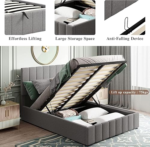 Miniatura 30 de Harper & Bright Designs Cama tapizada de plataforma matrimonial con almacenamiento elevable, marco de cama de tamaño matrimonial con almacenamiento