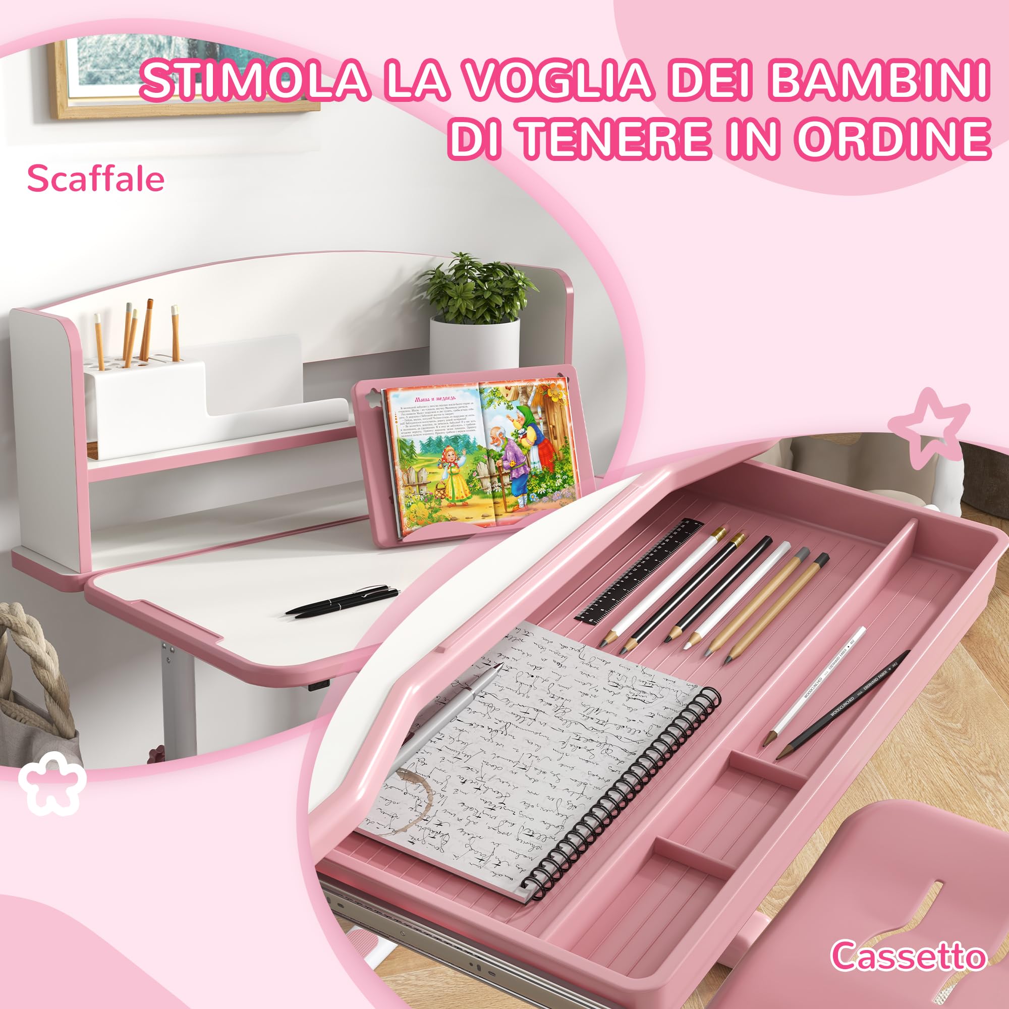 ZONEKIZ Scrivania per Bambini con Sedia, Set Banco Scuola Regolabile in Altezza con Cassetto e Piano Inclinabile, Età 6-12 Anni, Rosa