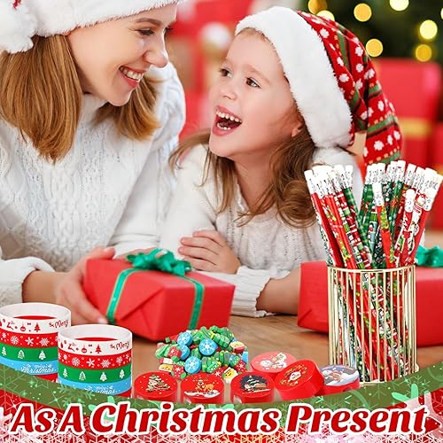 Miniatura 4 de PerKoop Juego de 240 piezas de papelería escolar de Navidad, regalos de aula de Navidad, premios a granel, incluye lápices, borrador, sacapuntas