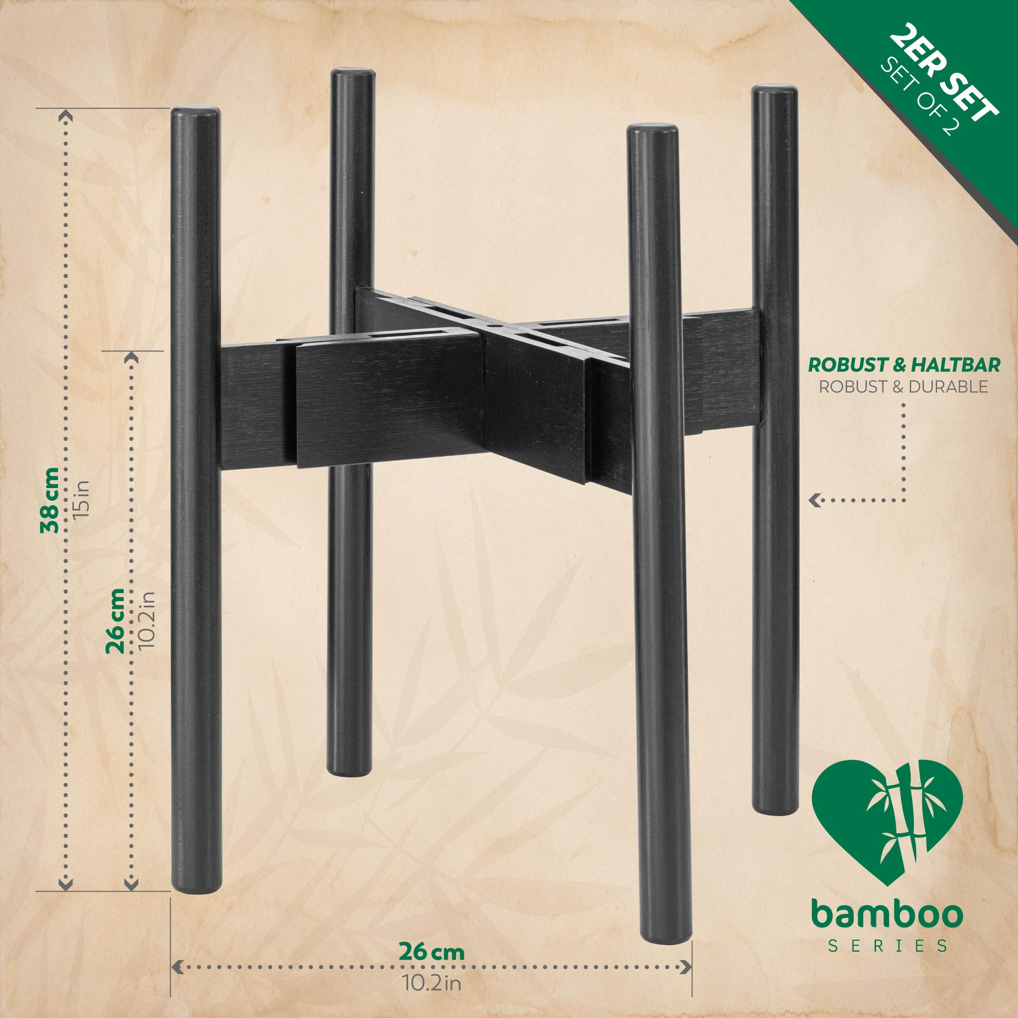 Rubberneck Set di 2 Supporti in bambù per Piante - Portavasi Regolabili - per Esterni e Interni - Nero | 2 livelli d'altezza a rotazione, per vasi interni ed esterni, privo di BPA, biodegradabile, sostenibile, coppia per salotto