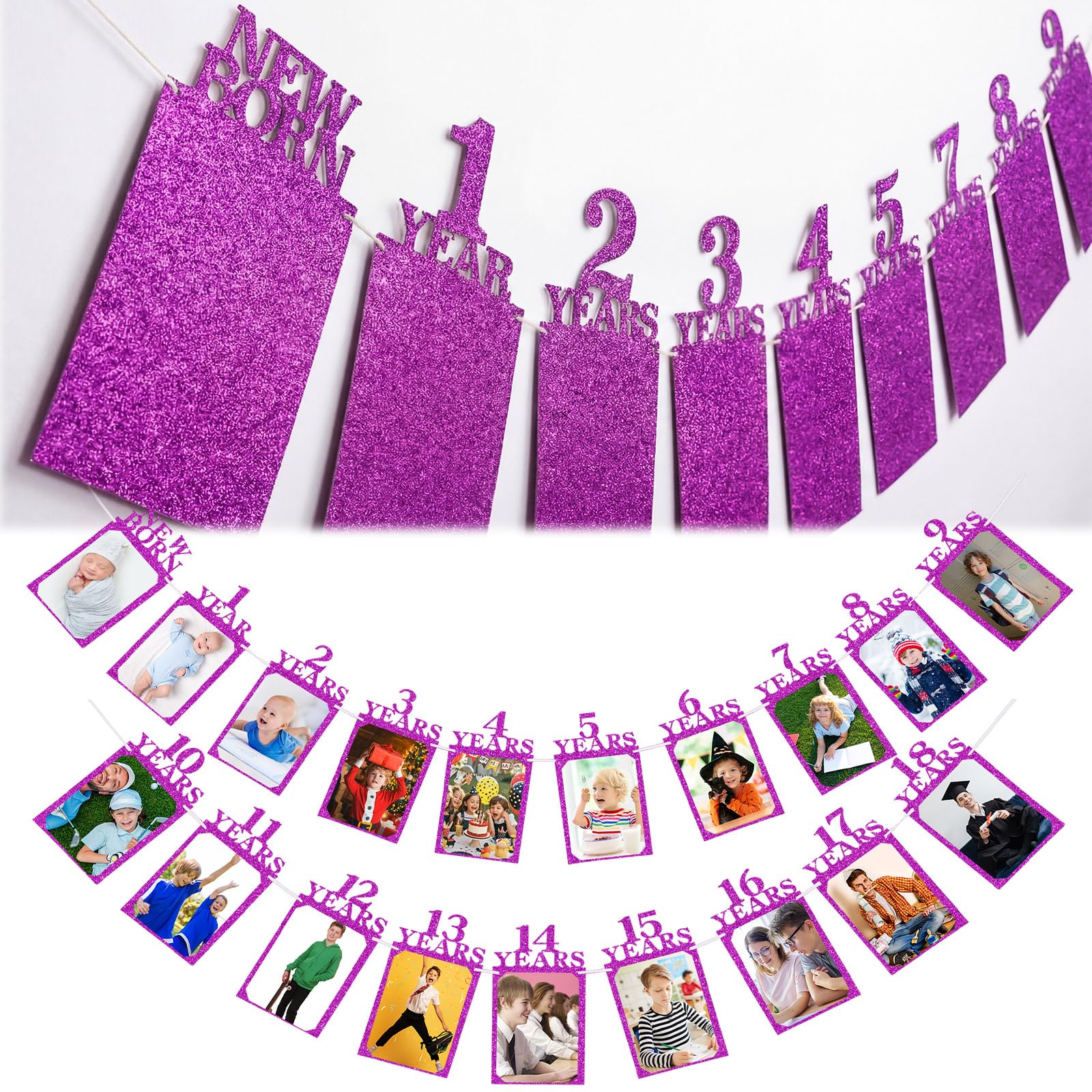 Breling 18th Happy Birthday Photo Banner Newborn to 18th Age Photo Banner Decorations 16th Party Picture Frame Garland Display Party Supplies(18 Years,Glitter Purple) โ image 1
