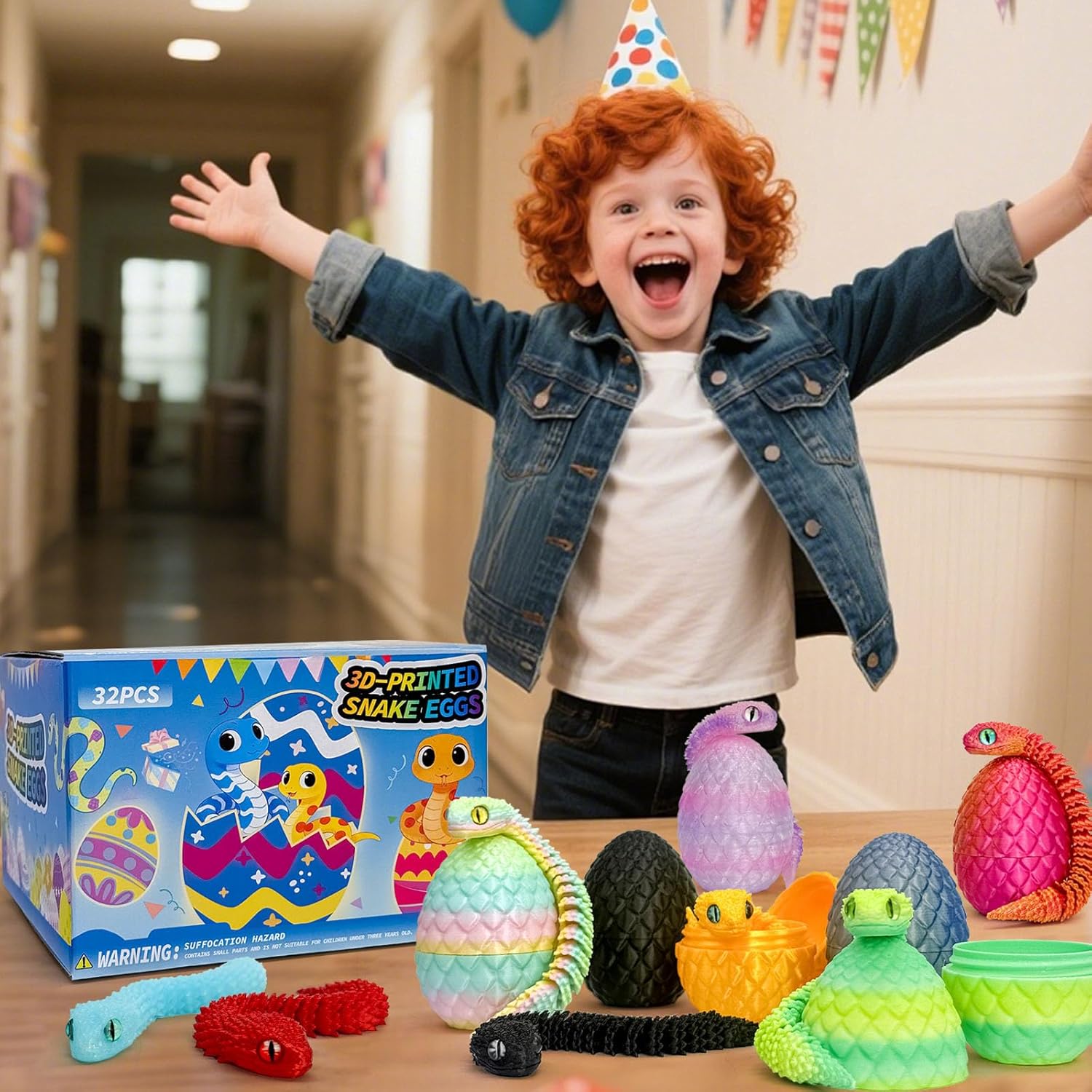 32PCS 3D Printed Snake Toy, Easter Basket Stuffers Mini Mystery Crystal Egg Fidget Toy, 3D Printed Animals Unique Easter Basket Essentials for Kids,Party Favors for Kids 8-12 (32PCS)