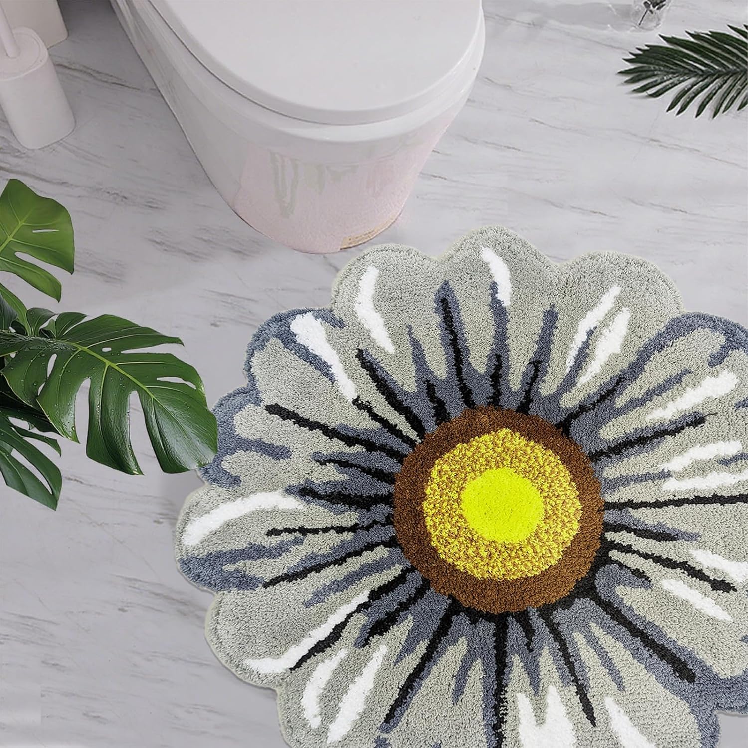 Daisy Bathroom Rug Doormat - 3Ft Round Floral Bathmat, Circle Plush Floor Mat for Kids Girls Boys Bedroom, Farmhouse, Washroom, Kitchen, Toilet, Thick Washable Fluffy Carpet, 35.4in, Grey