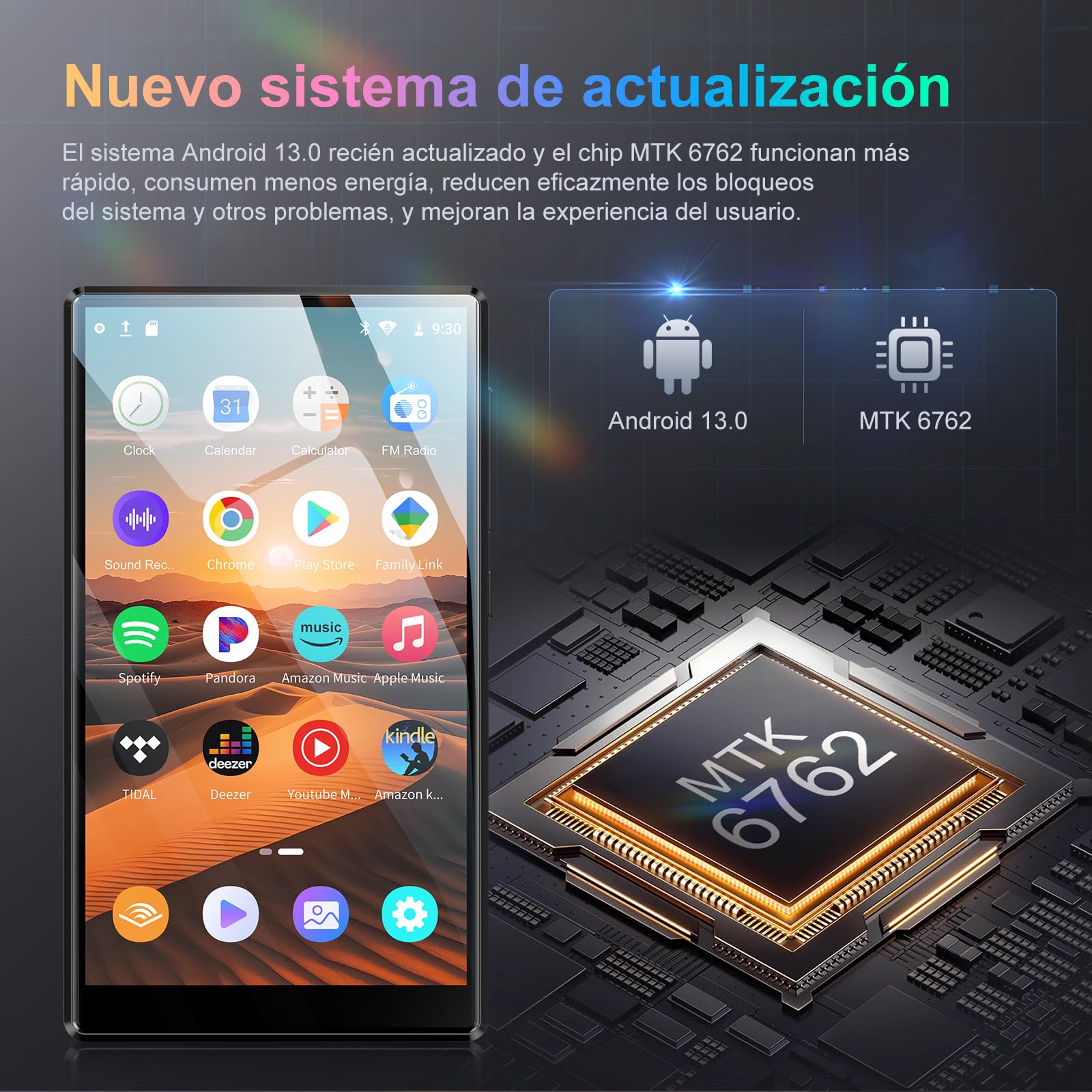 Oilsky 96GB Reproductor MP3 con WiFi y Bluetooth, 4,7'' 1280P Pantalla Táctil, Android 13.0 MP3 y MP4 Player con Spotify, Amazon Music, Play Store (Negro)