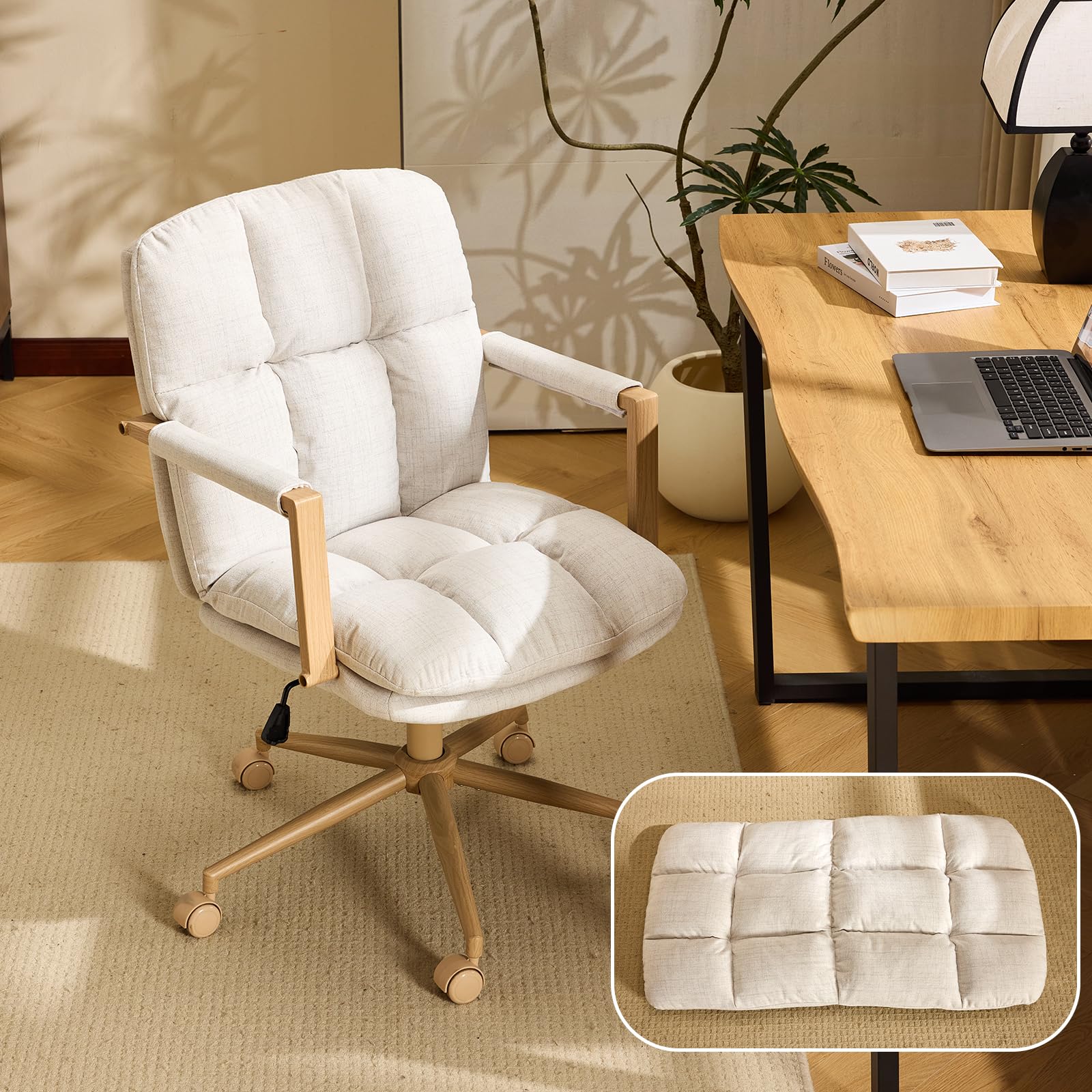 Bonnlo Comfy Linen Office Desk Chair with Wheels & Detachable Cushions & Wood-Like Armrests,Swivel Small Computer Chair,Adjustable Vanity Chair for Girl,Teen/Kids,Home Office,Bedroom (Beige)