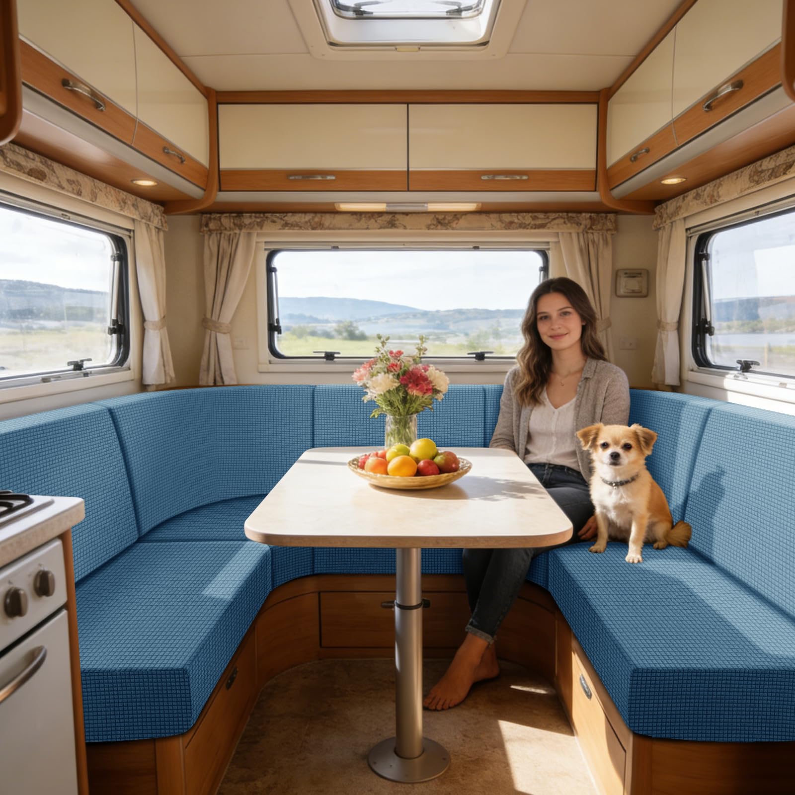 SYLC Caravan Seat Cover Stretch Jacquard, Non-slip RV Dinette Cushion Covers with 2 Straps, Couch Cushion Covers for Camper Sofa Bench (Blue,Corner seat)
