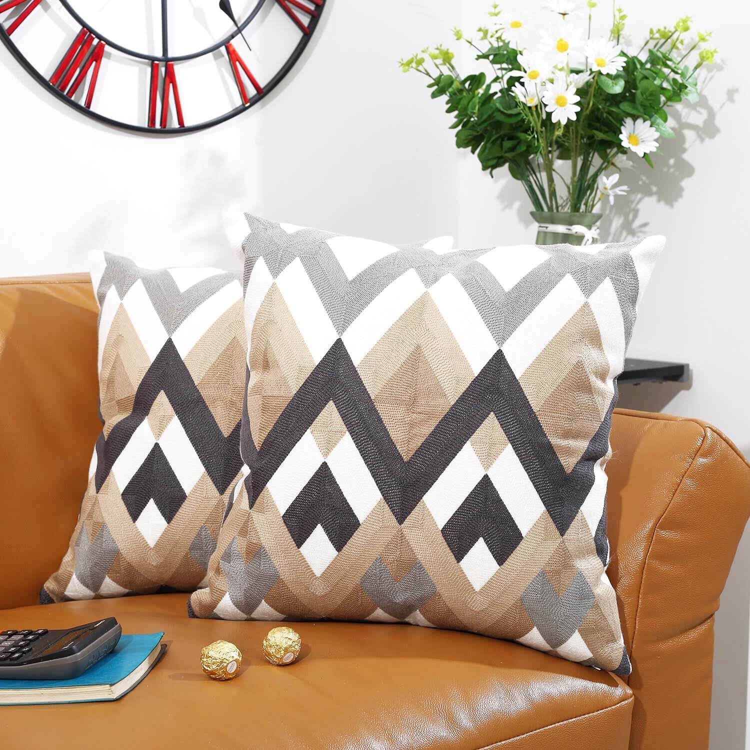 Throw Pillow Covers for Couch Living Room 18x18 inches Set of 2 Full Embroidery Geometric Strip Pattern on Face Decorative Throw Couch Pillows for Bed