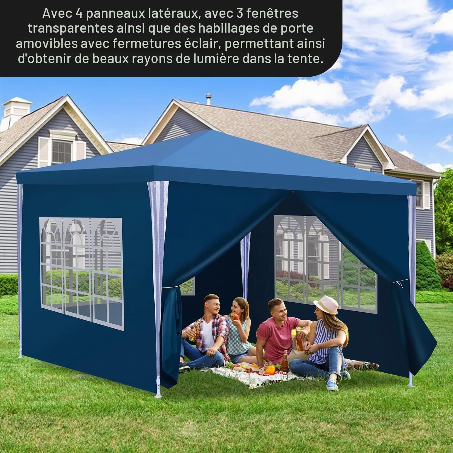 Daromigo Tonnelle de jardin 3 x 3 m, étanche, avec parois latérales amovibles et grandes fenêtres, protection UV pour extérieur, jardin, fête, camping, bleu