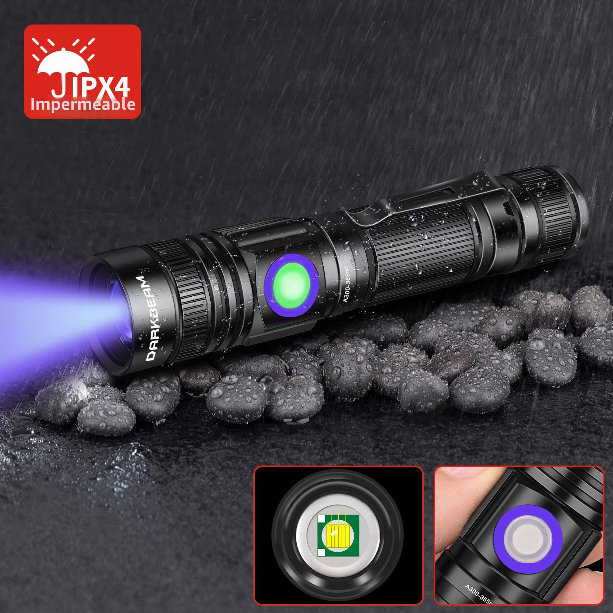 DARKBEAM Linternas UV Ultravioleta 365nm y 395nm Recargable Linterna Luz Negra, Lámpara de Wood LED Mini Portátil con Clip, Detector para Tiña de Mascotas, Orina, Gemas, Curado de resina, 2 paquetes