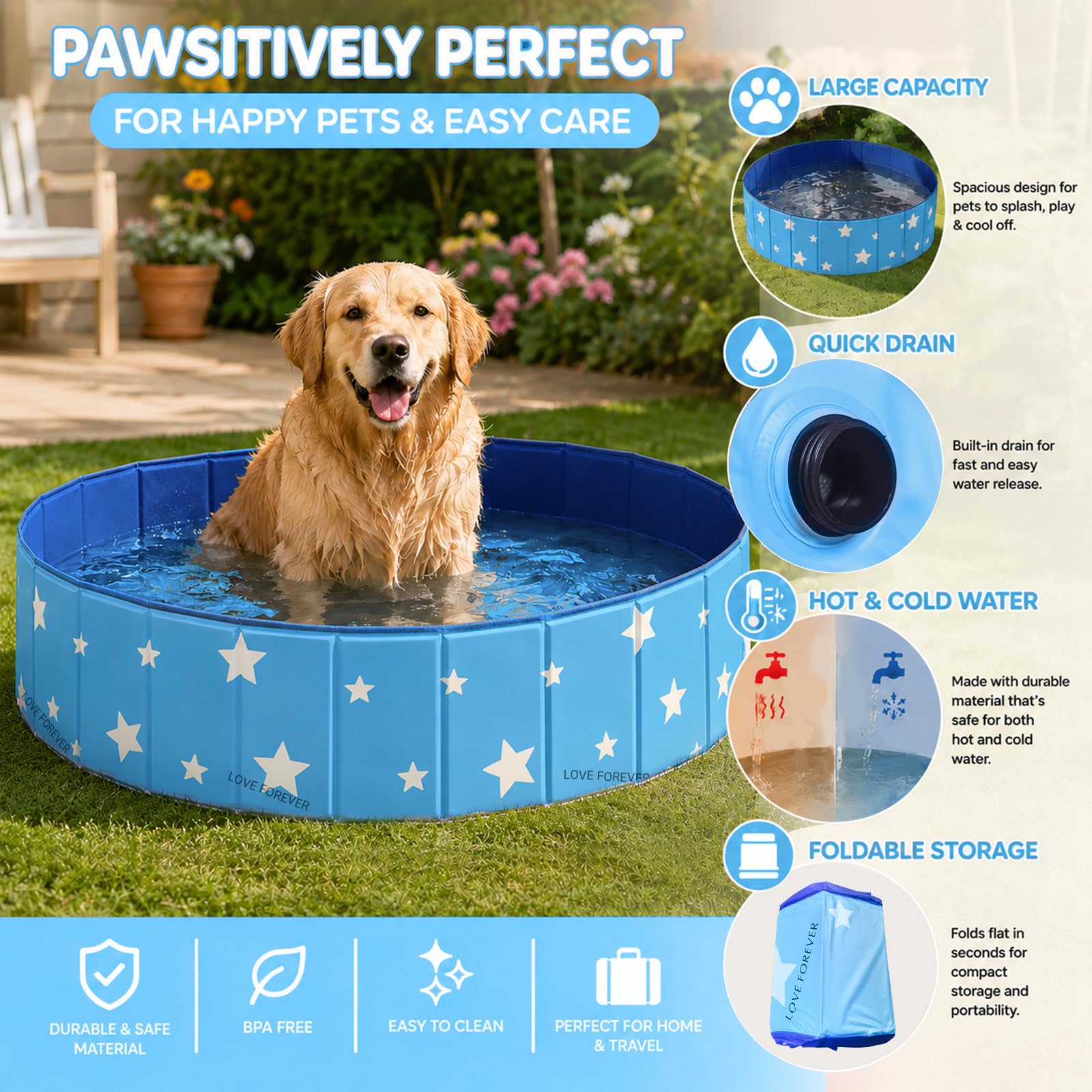 ZoneYan Piscina Plegable para Perros 80 * 30 cm, Bañera para Perros de PVC con Doble Desagüe, Ducha Plegable para Mascotas de PVC, Piscina de Bañopara Perros Pequeños y Medianos (Azul)