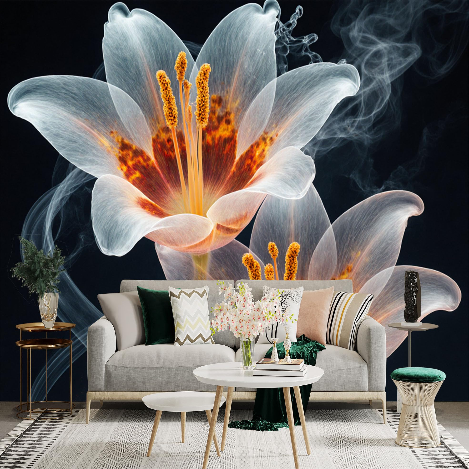 Custom Size Wall Sticker Mural， Translucent Lily Flowers， Elegant Botanical Art， Abstract Smoke Accents， Dark Floral Background， for wall Decoration， peelandstick wall Decals.