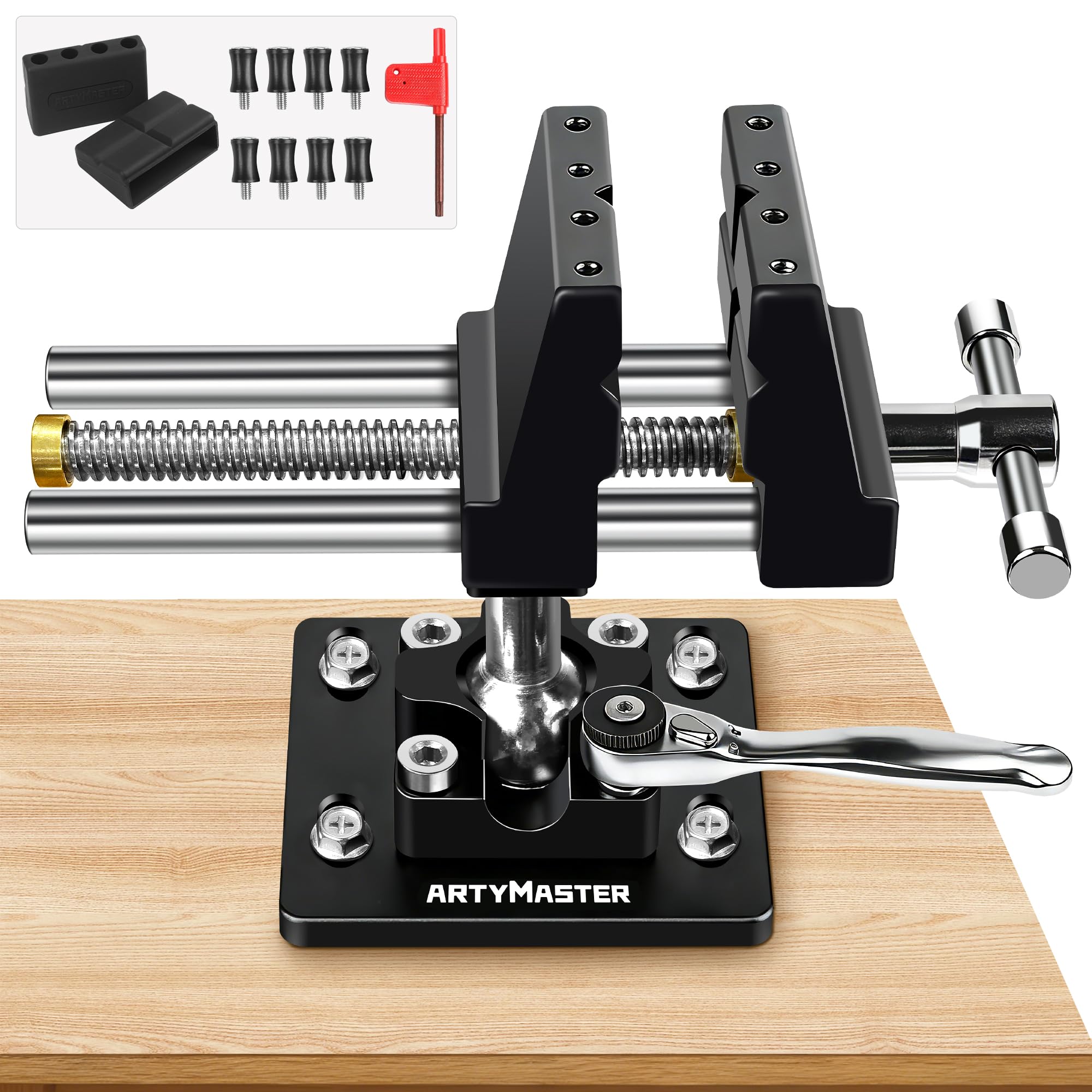 ArtyMaster 360° Rotating Bench Vise with Quick-Release Ratchet Wrench - Versatile Woodworking &amp; Pipe Vise for Home Improvement - 4 Inch Workbench Vise for Carving, Repair &amp; DIY Projects (WT117B)