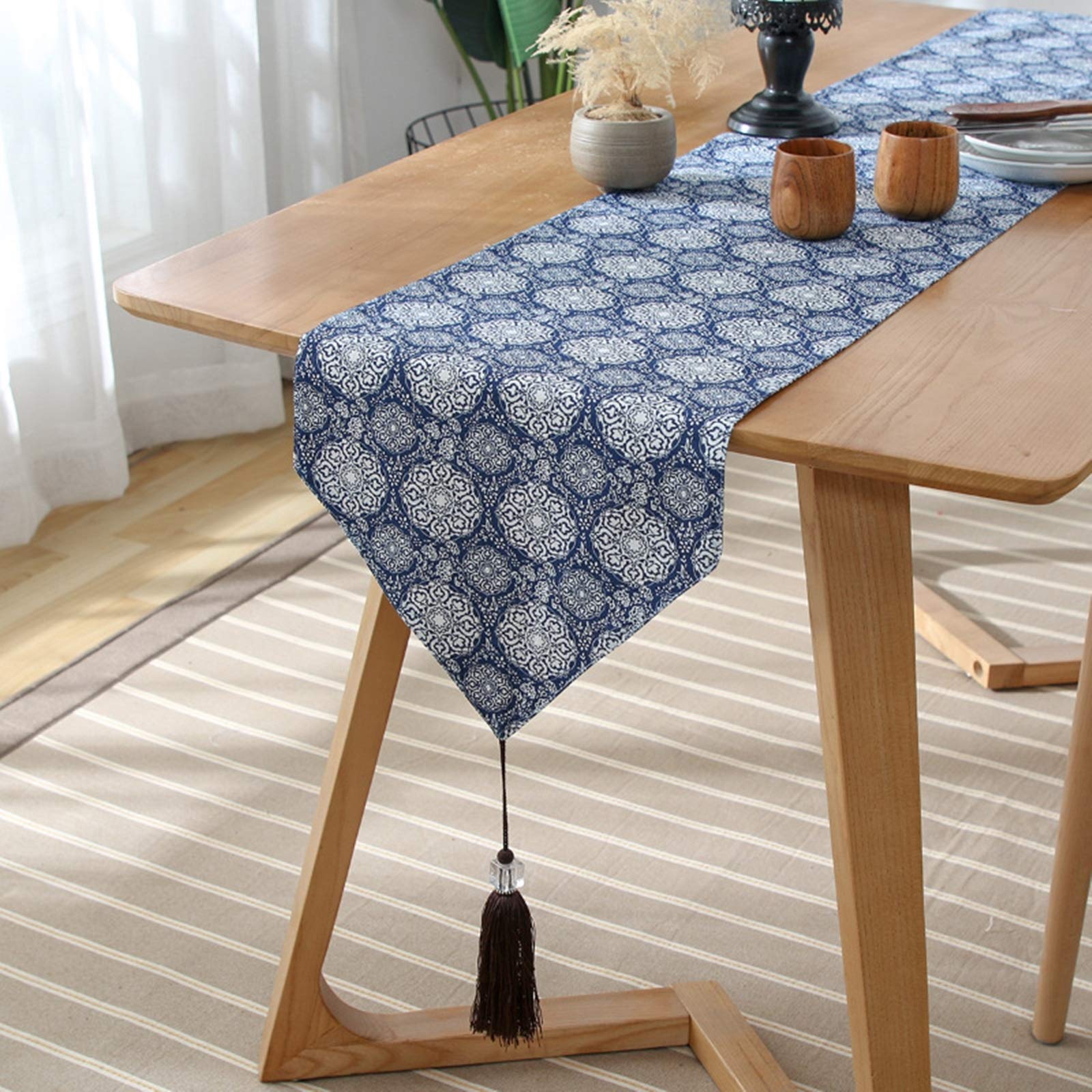 Tischläufer Baumwolle Wohnzimmer, Tischläufer Hochzeit 33x200 cm, Marineblau mit Geometrische Muster