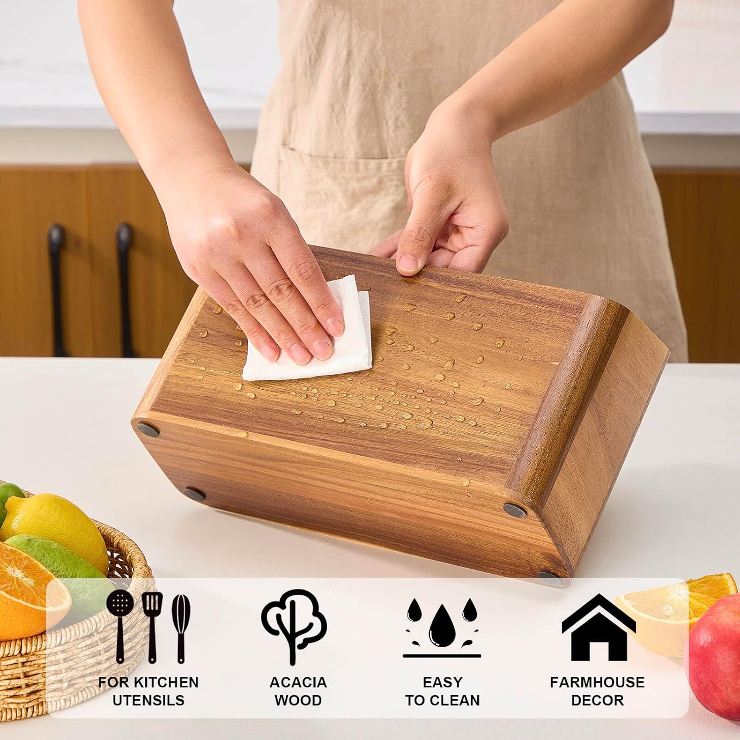 Wooden Utensil Holder for Kitchen Counter, Acacia Wood Kitchen Utensil Holder for Countertop with 4 Compartment, Cooking Utensil Organizer, Silverware Caddy (Acacia Wood, 3Compartment)