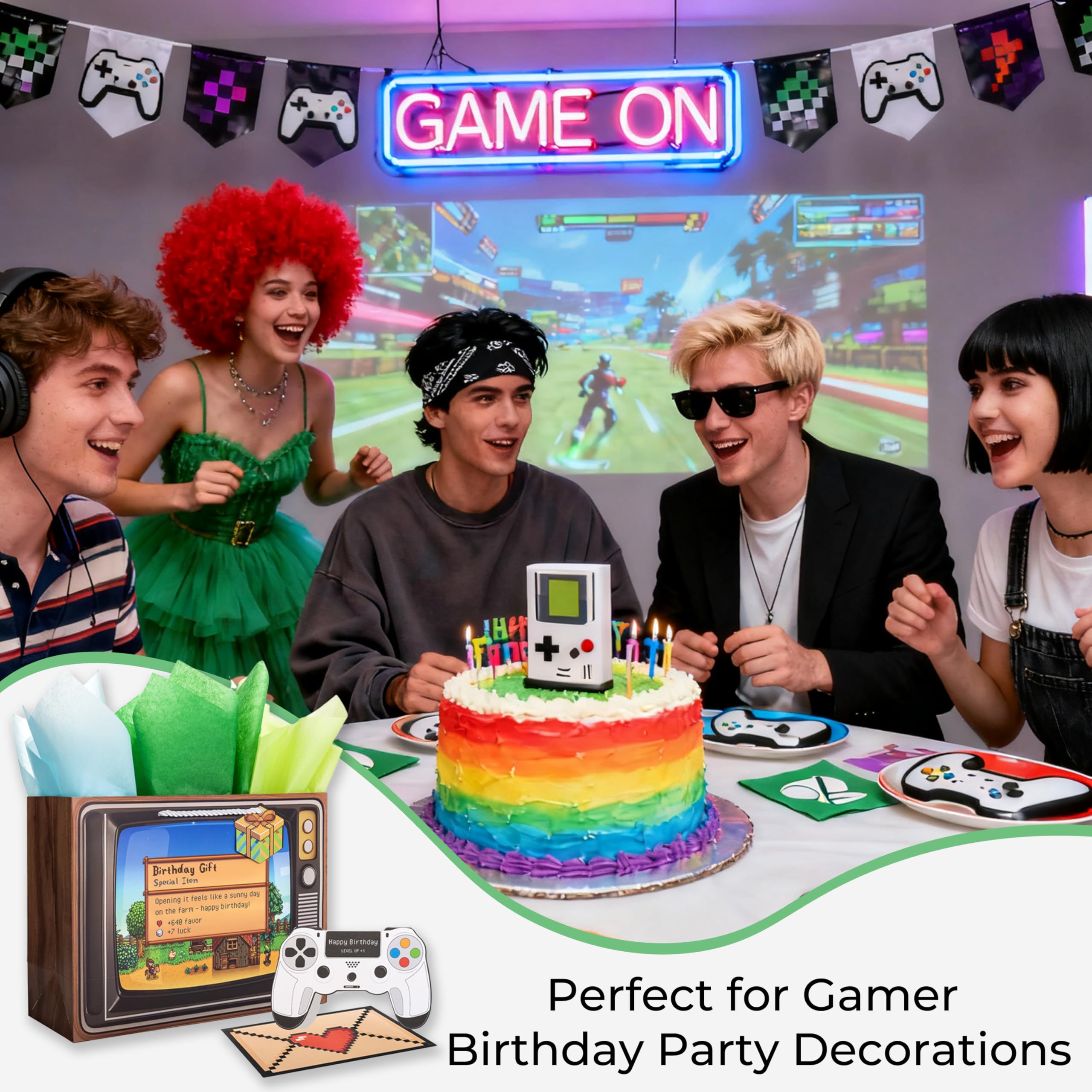 Crisky Gamer Birthday Gift Bag Set – Pixel Art Design with Greeting Card, Tissue Paper & Stickers | for Boys, Men, Video Game Party Favors & Decorations, 13 inch