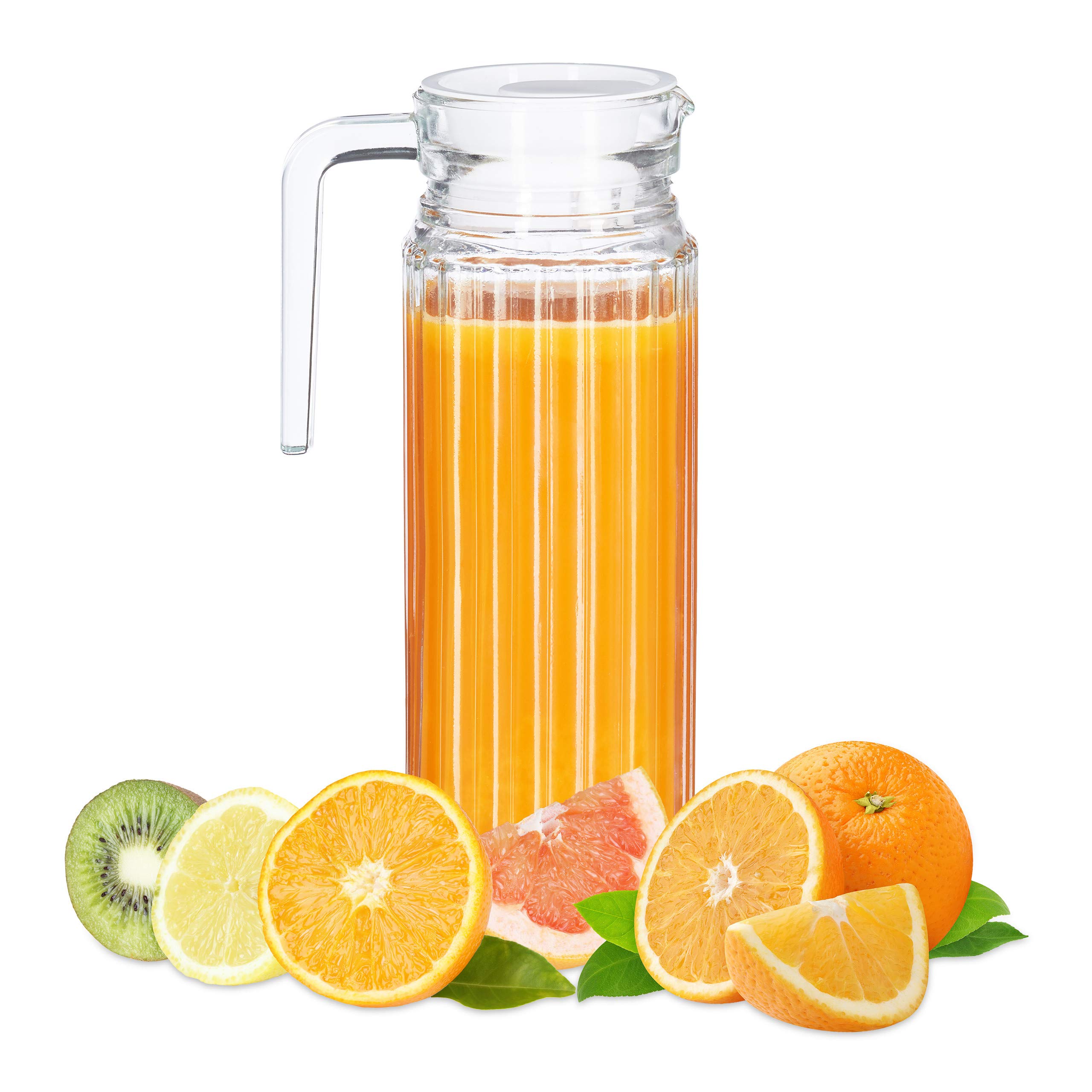 2x Carafe avec couvercle, cruche 1 litre, pichet en verre, jus, thé glacé, avec anse, filtre, transparent | Pichet lavable au lave-vaisselle, carafe à eau, couvercle, forme étroite