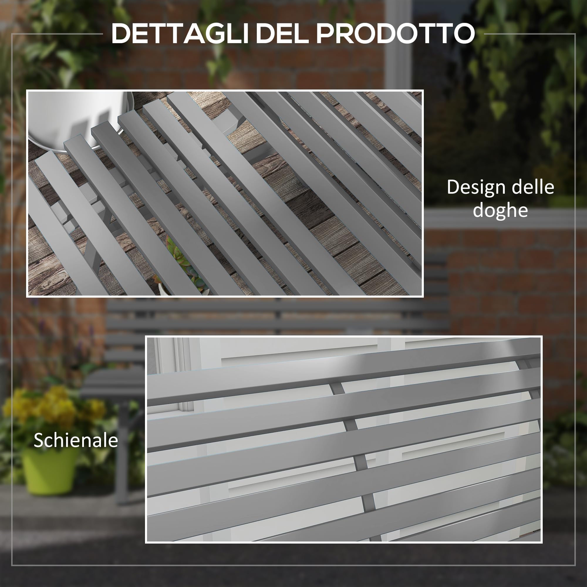 Outsunny Panchina da Giardino da 2 Posti, Panchina da Esterno a Doghe in Alluminio, Panca per Terrazza Patio e Cortile, 123x67x79 cm, Grigio