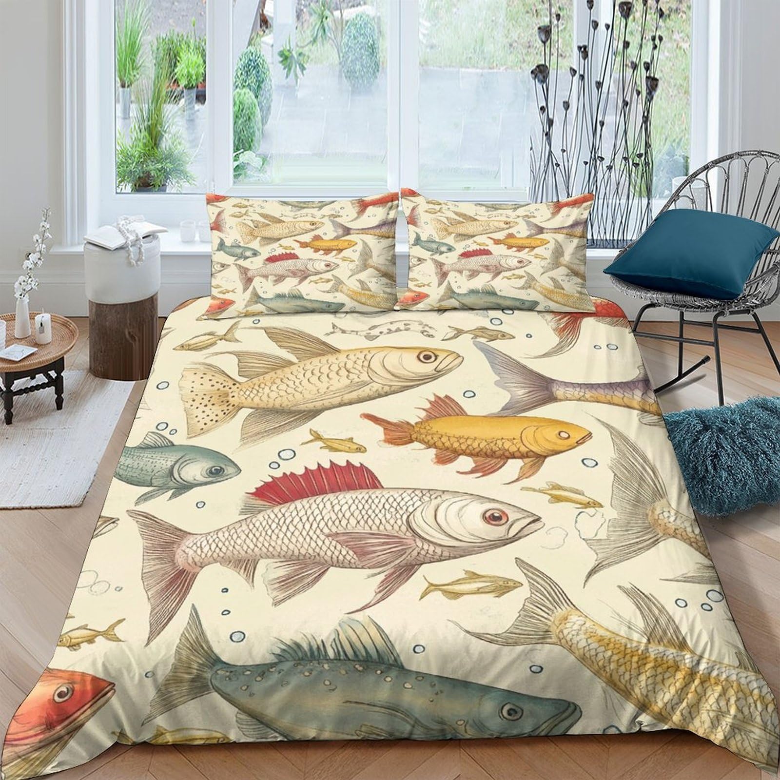 Ctjqhvkz Style-10 3D Printed Vintage Fish Fitted Sheet Microfiber Soft Breathable Ocean Life Bed Cover For Bedroom Guest Room Decor Single（135X200cm）