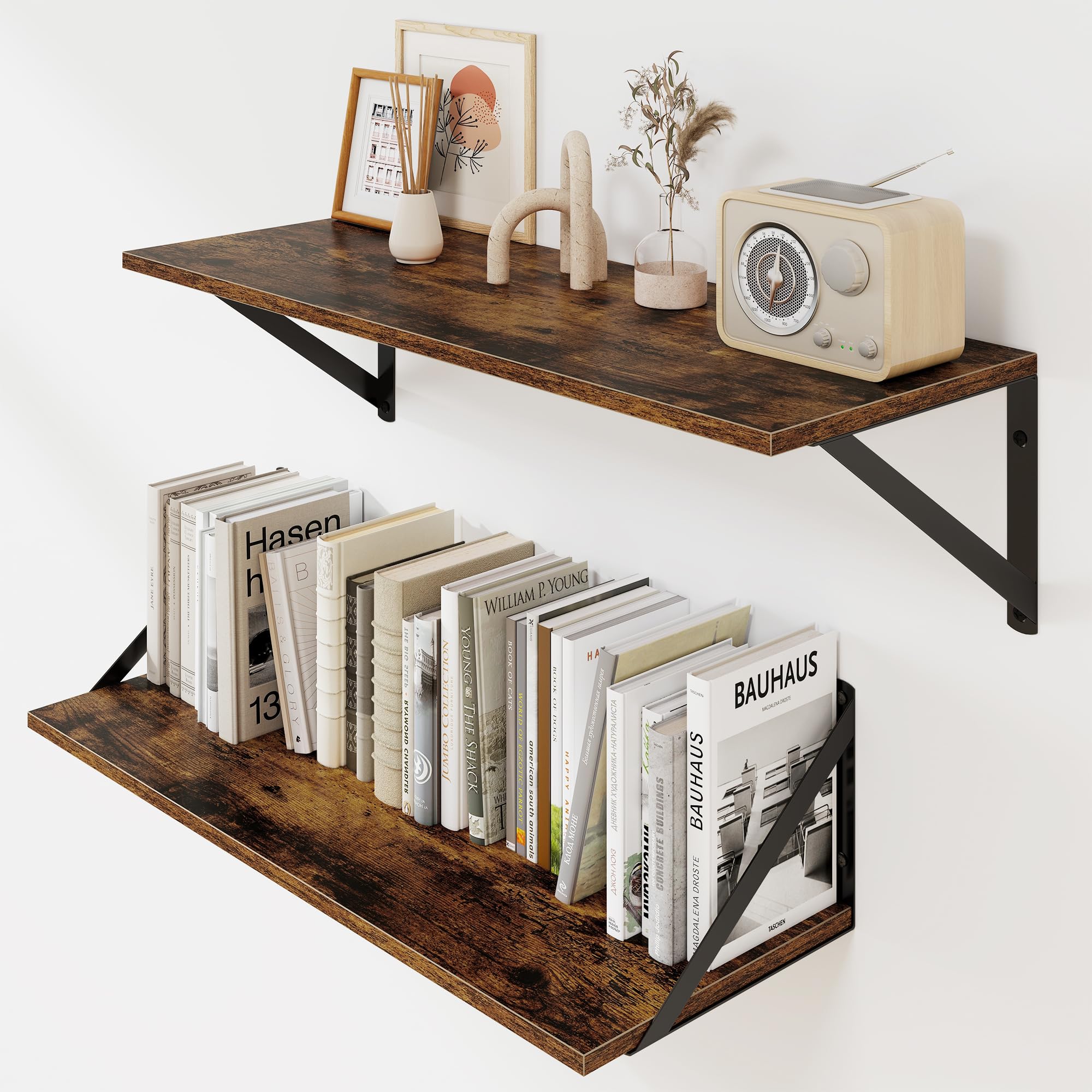 Heimlove Floating Shelves Set of 2, 60x20cm Vintage Brown Wall Mounted Shelves with Metal Brackets, Book Shelf for Living Room, Bedroom, Kitchen, Bathroom, Home Office & Book Storage