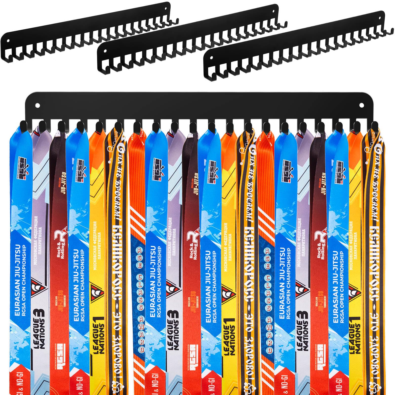 Geetery 4 Pack Medal Hanger Display with 20 Hooks Each, Sturdy Steel Wall Mount Medal Holder Rack Holds 60+ Awards for Gymnastics Marathon Sport Runner Soccer Wrestle Swim, Easy to Install