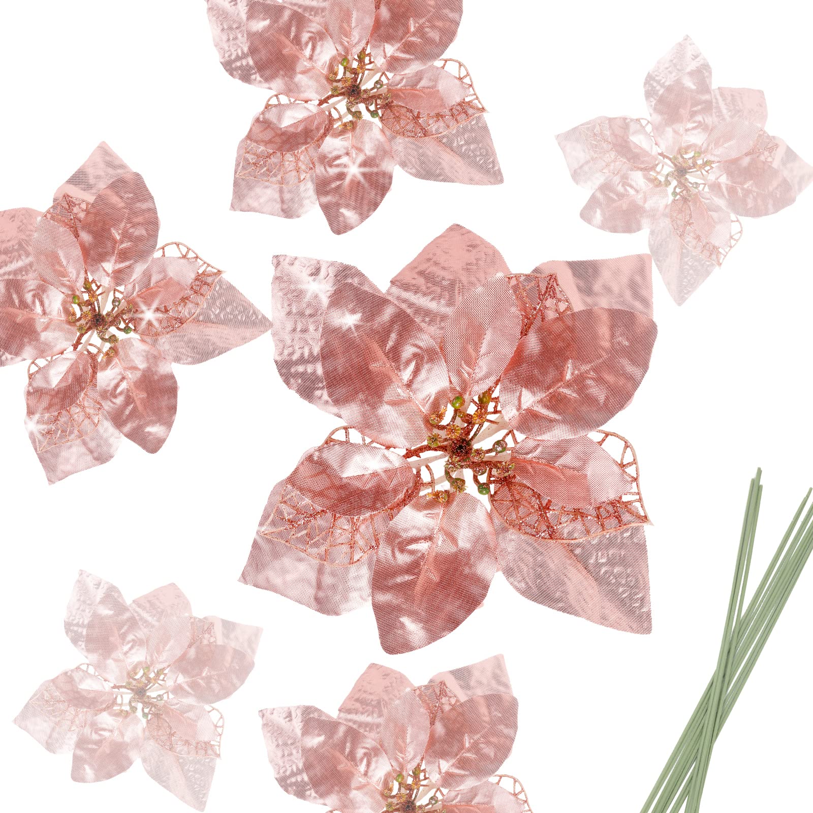 Crazy Night 12pcs 8.7inch Rose Gold Glitter Poinsettia Artificial Flowers,Christmas Tree Decorations,Wedding Xmas New Year Wreath Ornaments