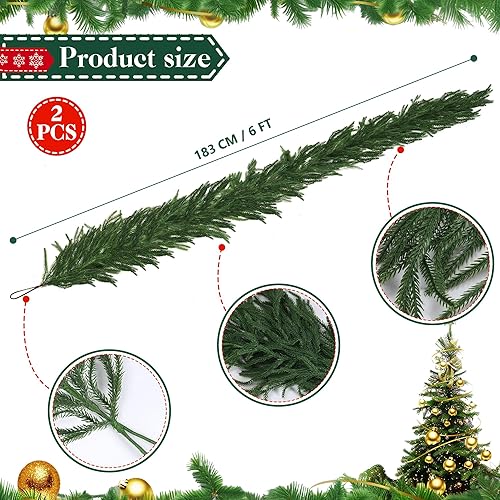 Miniatura 3 de 2 guirnaldas artificiales de pino Norfolk de 6 pies, guirnalda de pino de invierno de tacto real, guirnalda verde artificial para mesa, manto,