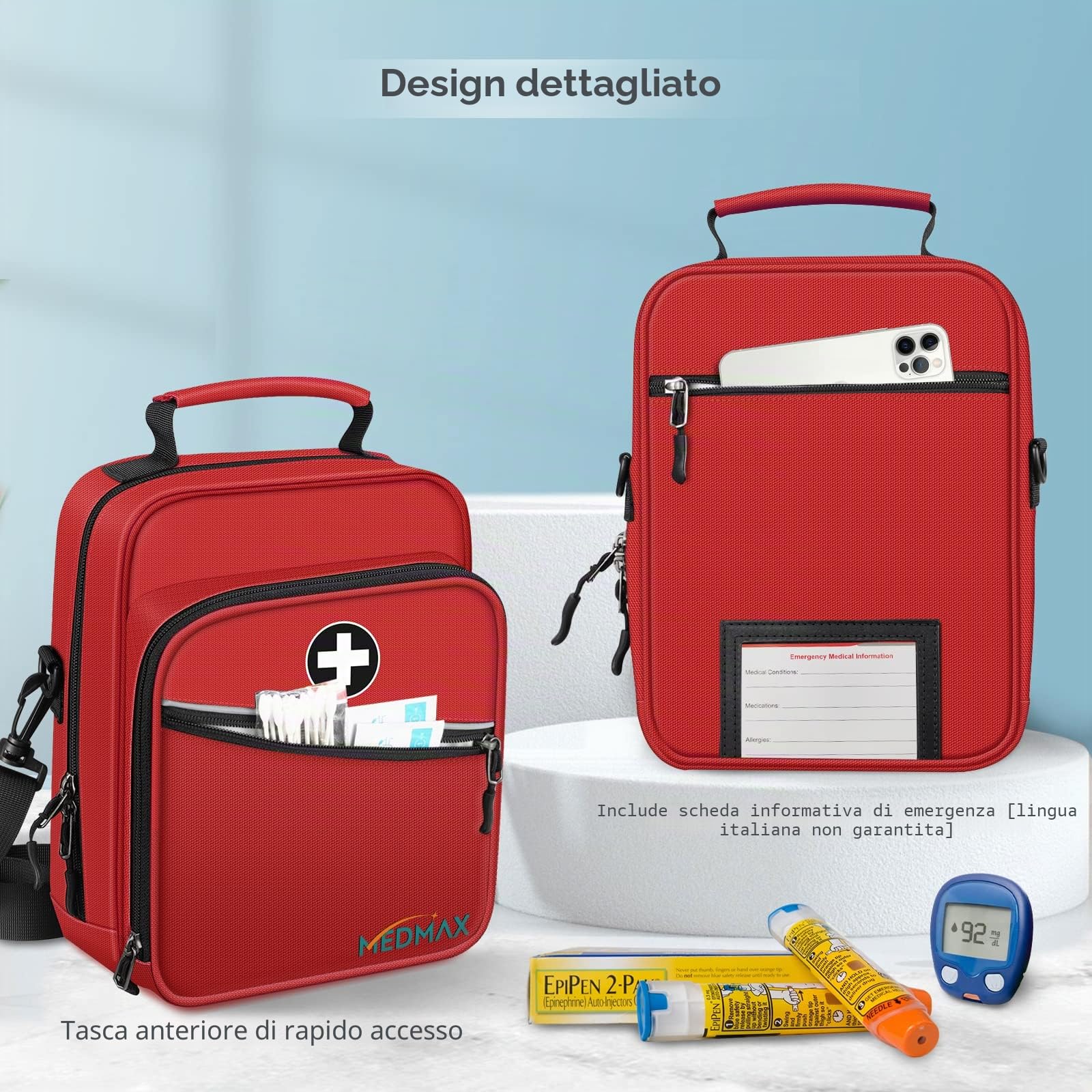 MEDMAX Borsa per Insulina da Trasporto, Isolata EpiPen Custodia da Viaggio con Tracolla, Portatile Diabete Organizer per Auvi-Q, Inalatore per Asma e Spray Nasale (Solo Borsa), Rosso