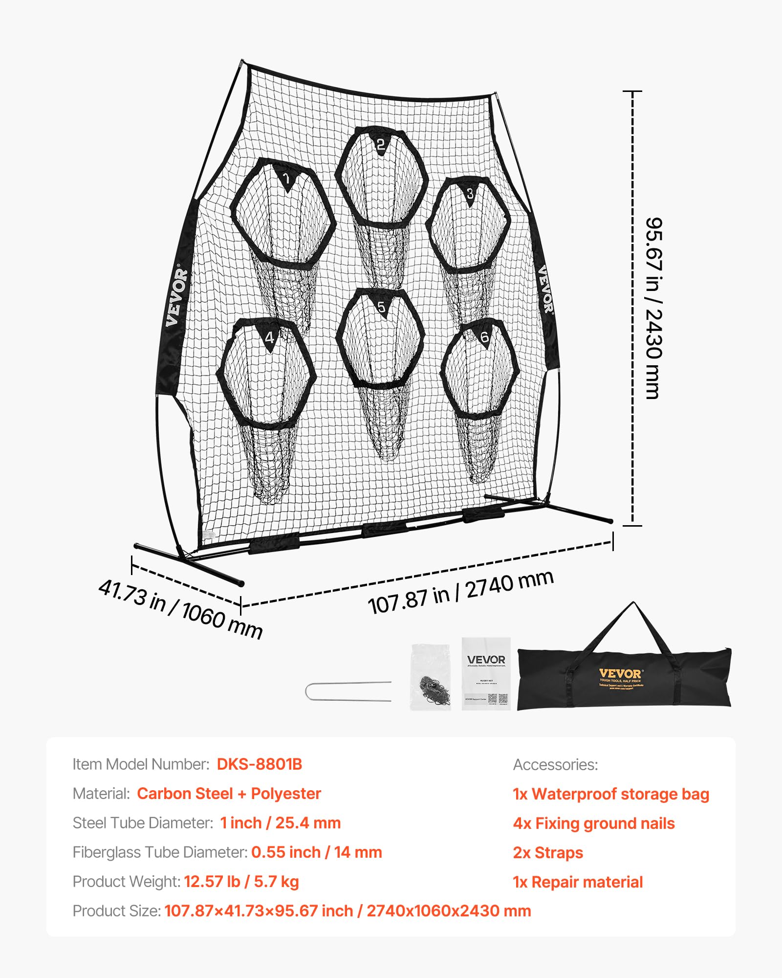 VEVOR Filet d'entraînement pour Football 274 x 243 cm, Filet de Lancer de Rugby avec 6 Poches pour cibles, sans nœuds, Sangles et étui de Transport Inclus, pour améliorer la précision de Lancer, Noir