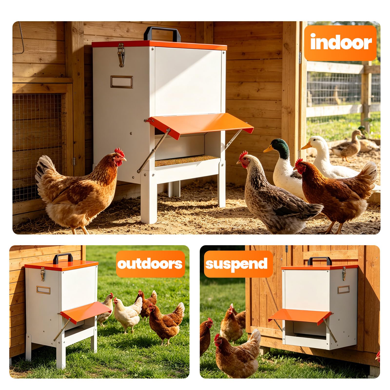 Alimentador automático de pollos colgante de metal de 30 libras, comedero para patos, para exteriores, grandes comederos para patitos al aire libre, sin residuos, alimentador automático para