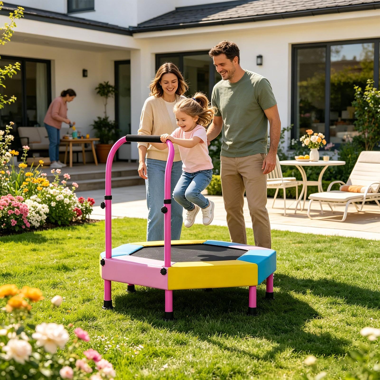 Mini trampolino pieghevole da 91 cm, piccolo trampolino con manico regolabile, per parco giochi, parco, casa, aula, scuola materna, cura giornaliera, cortile, prato, giardino