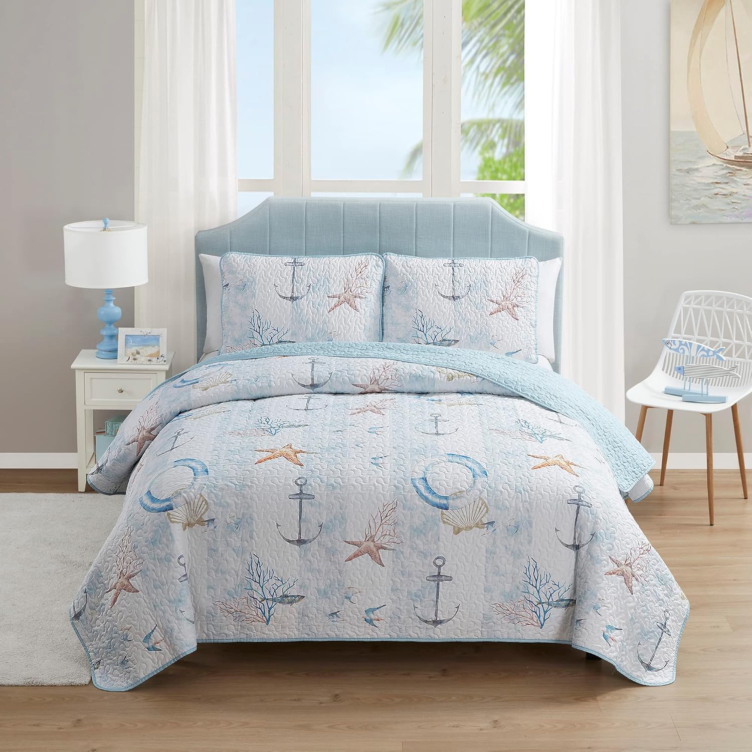 Sweet Home Collection Quilt Queen Size Embroidered Oversized Soft and Luxurious Quilt Set with Shams, Queen, Ocean Breeze